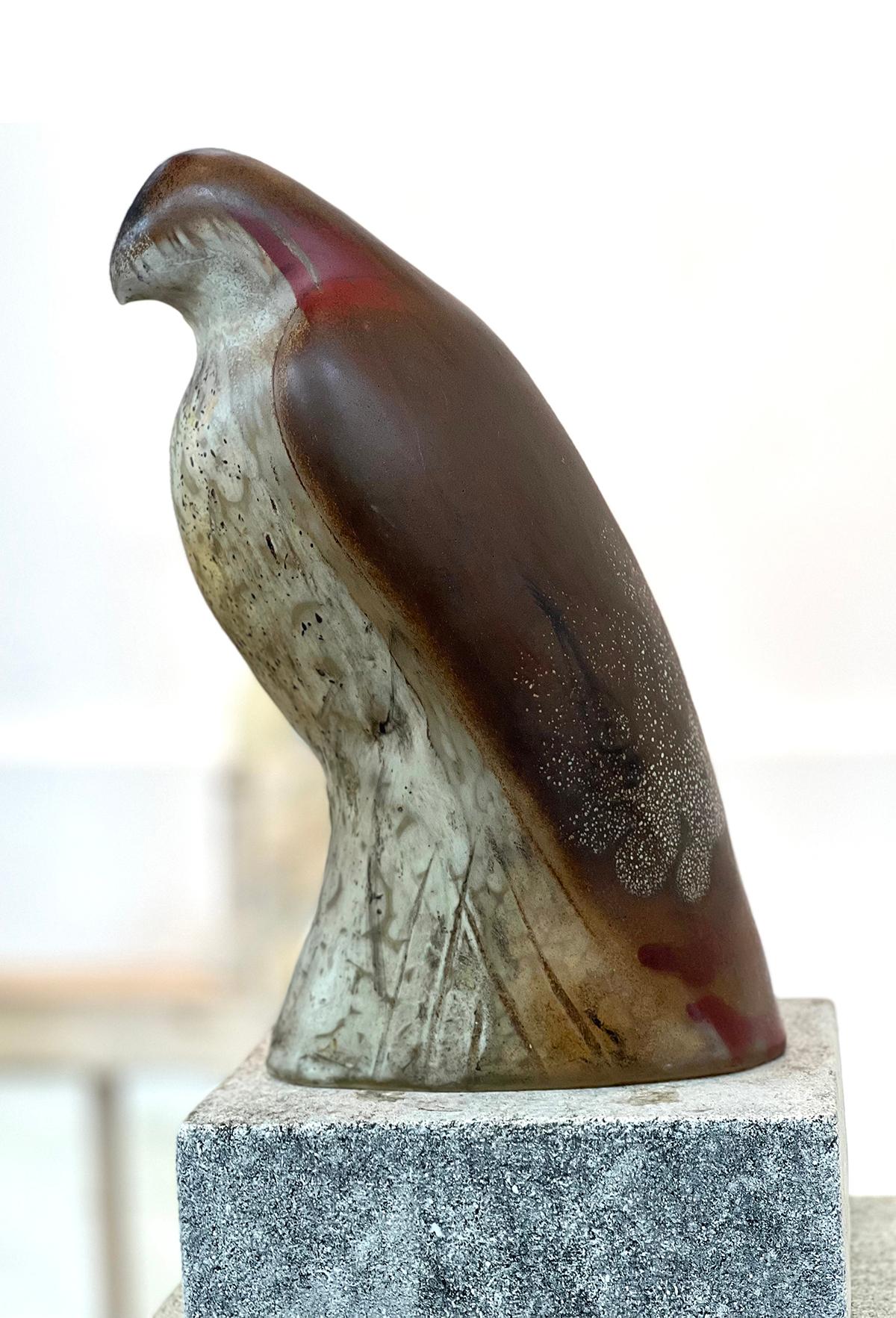 Hand blown pigmented glass and hand carved limestone from the renowned studio of Jane Rosen. 

Bird:  13 x 7 x 5"
Top Grey Limestone Base: 4 x 7 x 9"
Bottom Base:  48 x 8 x 11"
Total Dimension:  65 x 8 x 11"

Approximately 200 lbs. (not including