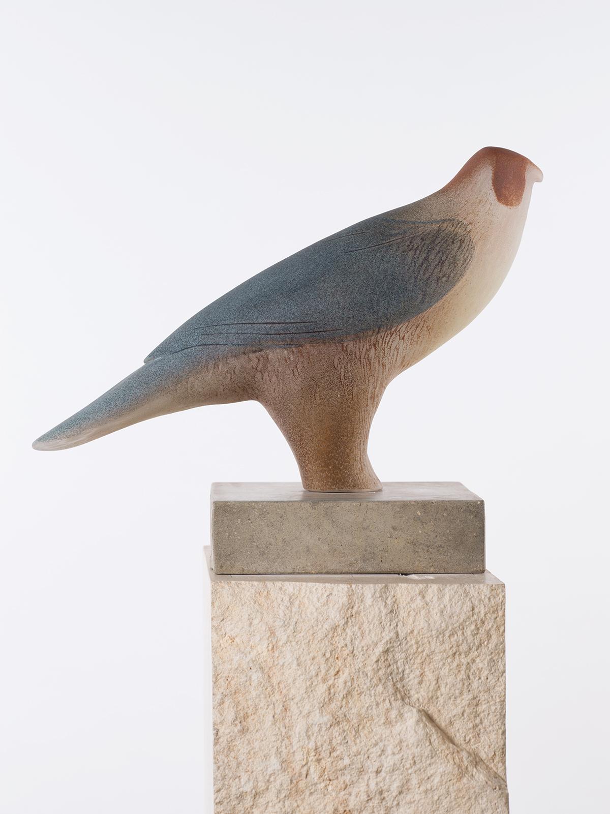 Hand blown, pigmented glass and carved limestone from the renowned studio of Jane Rosen. 

Bird:  10 x 15 x 5"
Top Limestone Base: 2 x 8 x 7"
Bottom Limestone Base:  48 x 10 x 8"
Total Dimension:  60 x 15 x 8"

Approximately  1,000 lbs. total (half