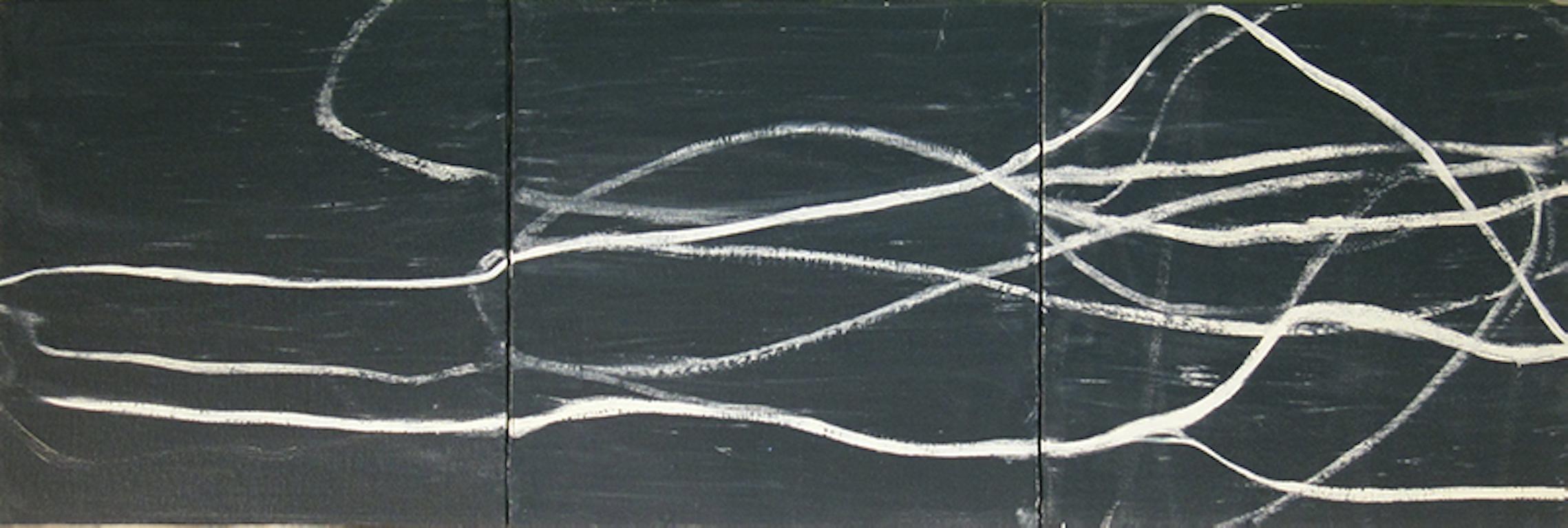 In her oil on canvas abstract painting, "Confluence," Jane Schiowitz experiments with the capacity of her medium to create a chalkboard-like surface. Schiowitz is an abstract painter based in Nyack, New York. Her works suggest an ease and curiosity