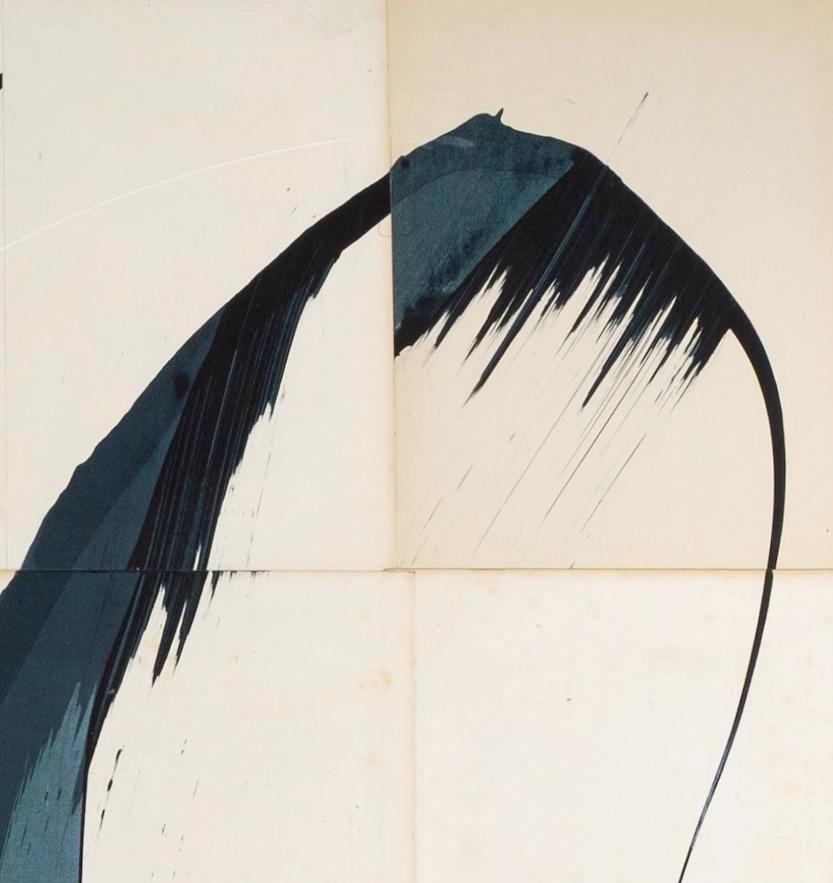 Hokusai Indigo VIII - Abstract Mixed Media Calligraphy Painting on Vintage Pages For Sale 1