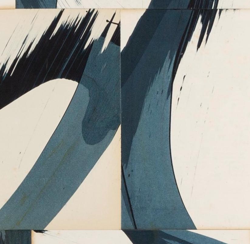 Hokusai Indigo VIII - Abstract Mixed Media Calligraphy Painting on Vintage Pages For Sale 2