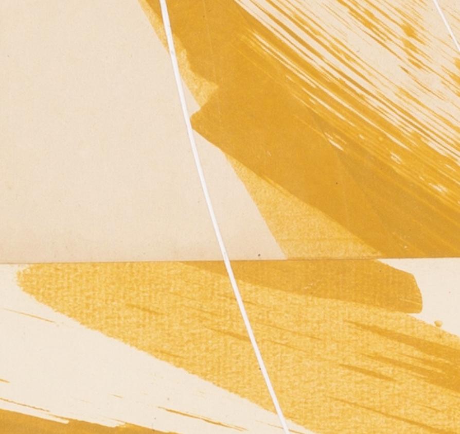 Hokusai Covers VI - Huile abstraite + collage sur couverture de livre, jaune + blanc en vente 3