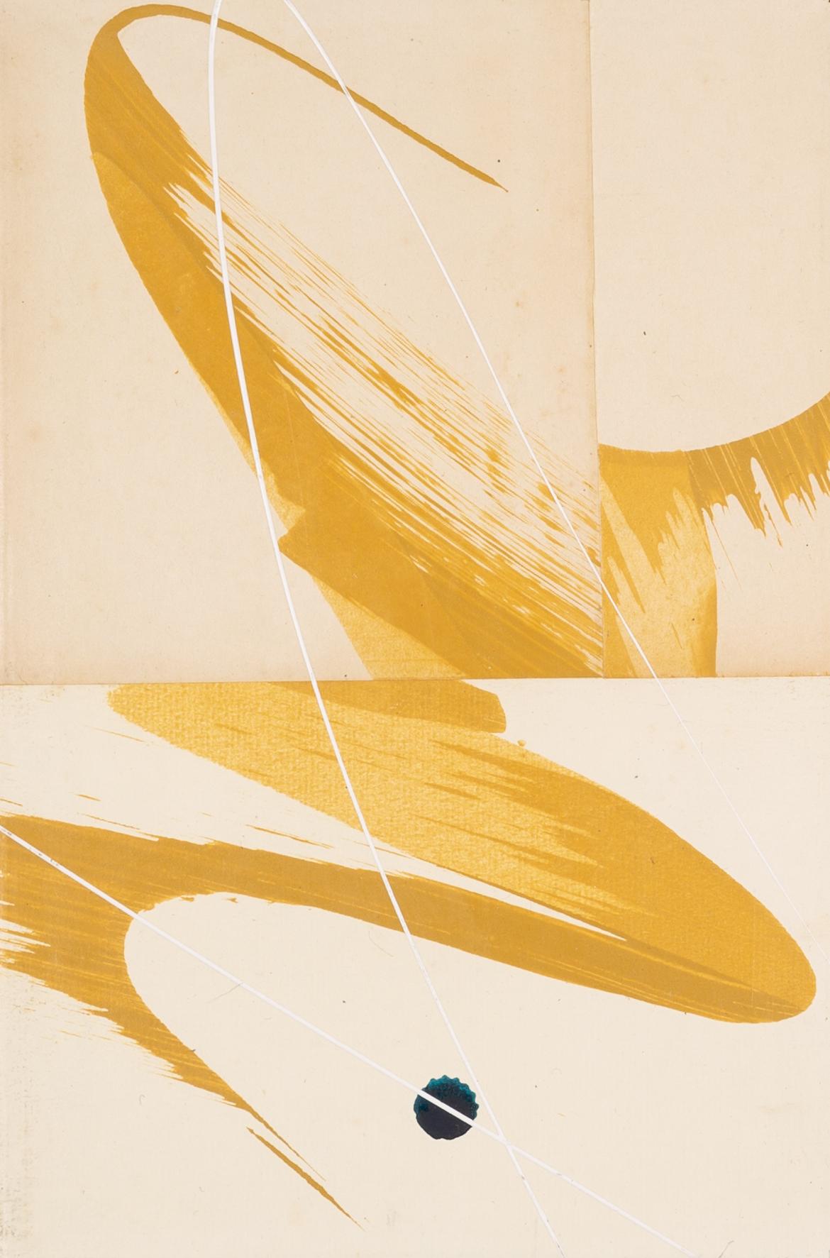 Hokusai Covers VI - Huile abstraite + collage sur couverture de livre, jaune + blanc - Mixed Media Art de Jane Skingley