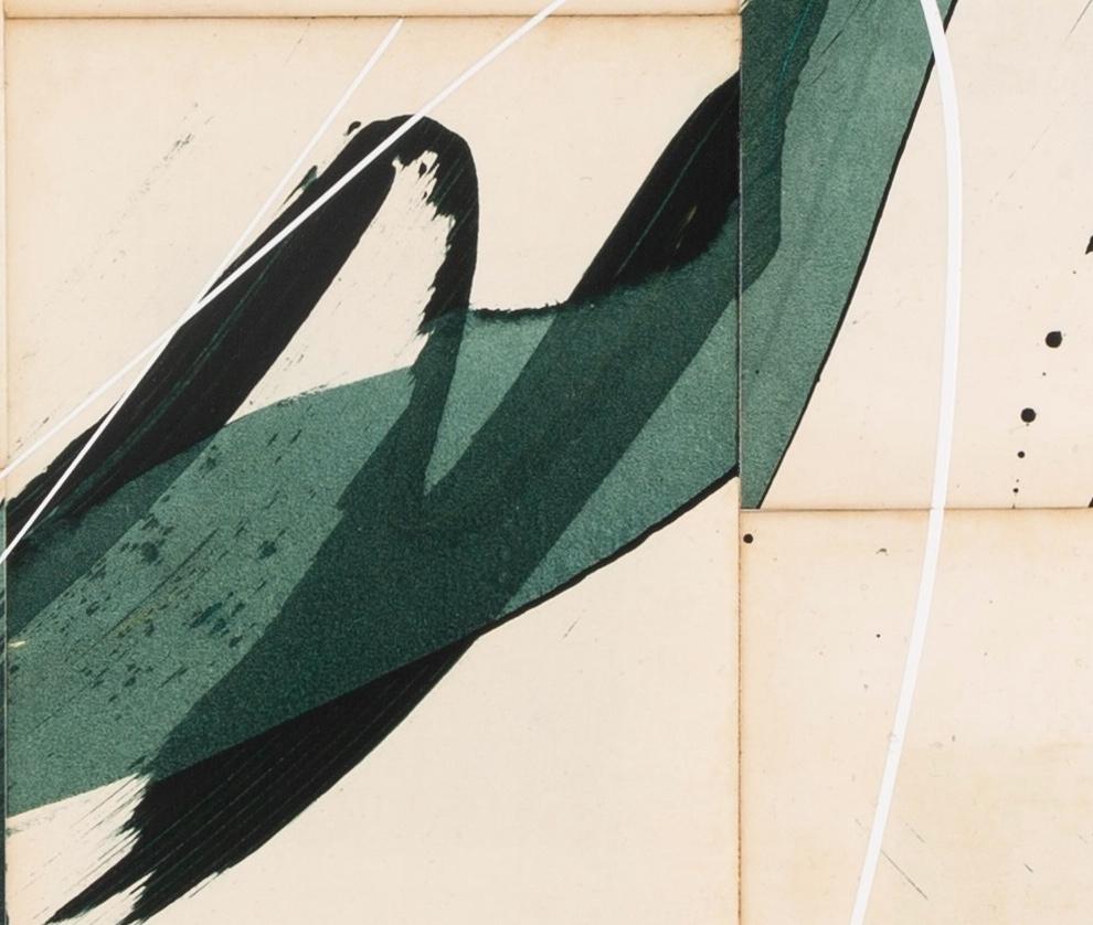 Hokusai Greene & Greene, 2024 - Pittura astratta su pagine di libri d'epoca su tela - Abstract Painting Bianco di Jane Skingley