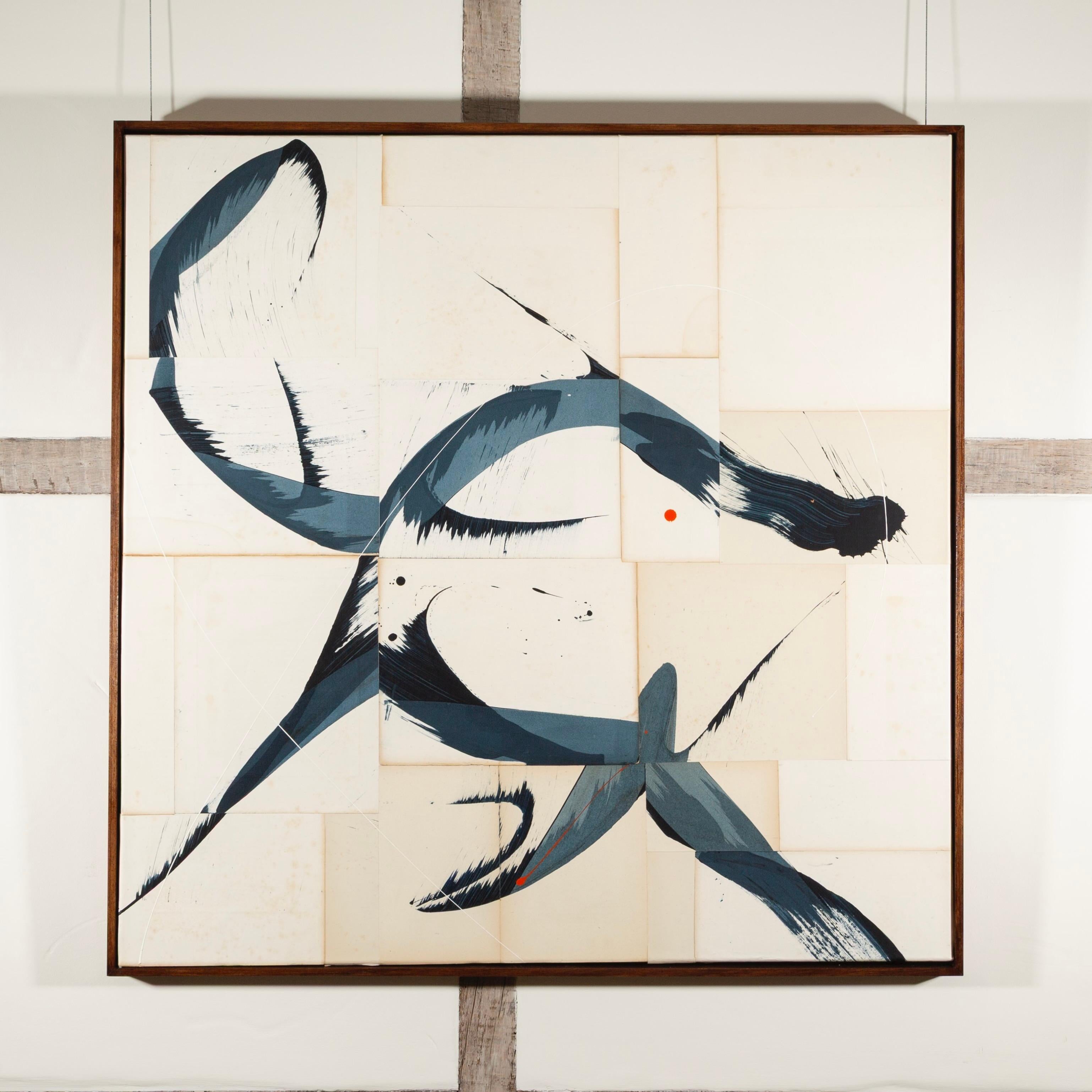 Hokusai Indigo IV - Abstract Mixed Media Calligraphy Painting on Vintage Pages - Beige Abstract Painting by Jane Skingley