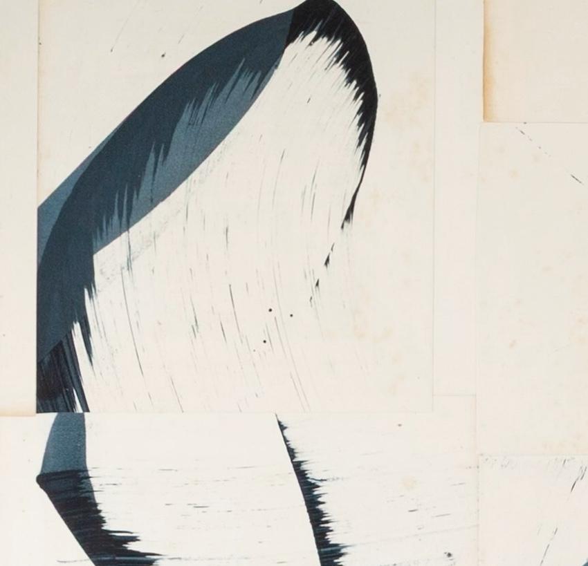 Jane Skingley b. 1963
Hokusai Indigo IV, 2025
mixed media on vintage book pages laid onto canvas
100 x 100 cm
39 3/8 x 39 3/8 in
signed, titled and dated on reverse

Jane Skingley paints seascapes and landscapes in oils. Her first exhibition was a