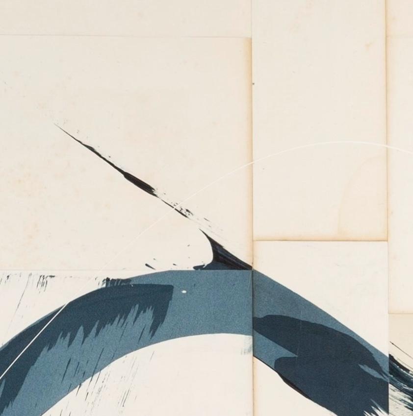 Hokusai Indigo IV - Abstract Mixed Media Calligraphy Painting on Vintage Pages For Sale 1