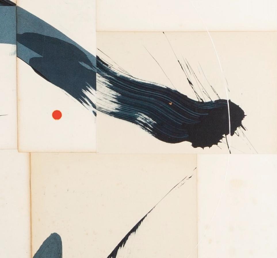 Hokusai Indigo IV - Abstract Mixed Media Calligraphy Painting on Vintage Pages For Sale 2