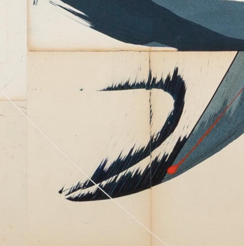 Hokusai Indigo IV - Abstract Mixed Media Calligraphy Painting on Vintage Pages For Sale 3