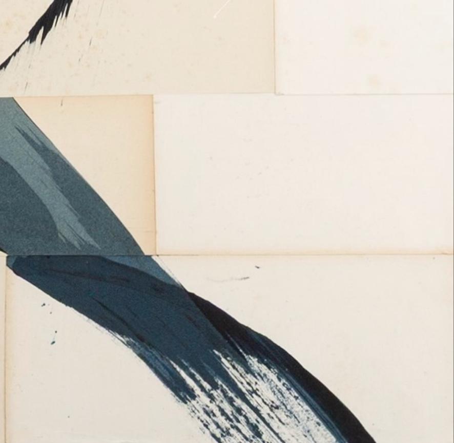 Hokusai Indigo IV - Abstract Mixed Media Calligraphy Painting on Vintage Pages For Sale 4