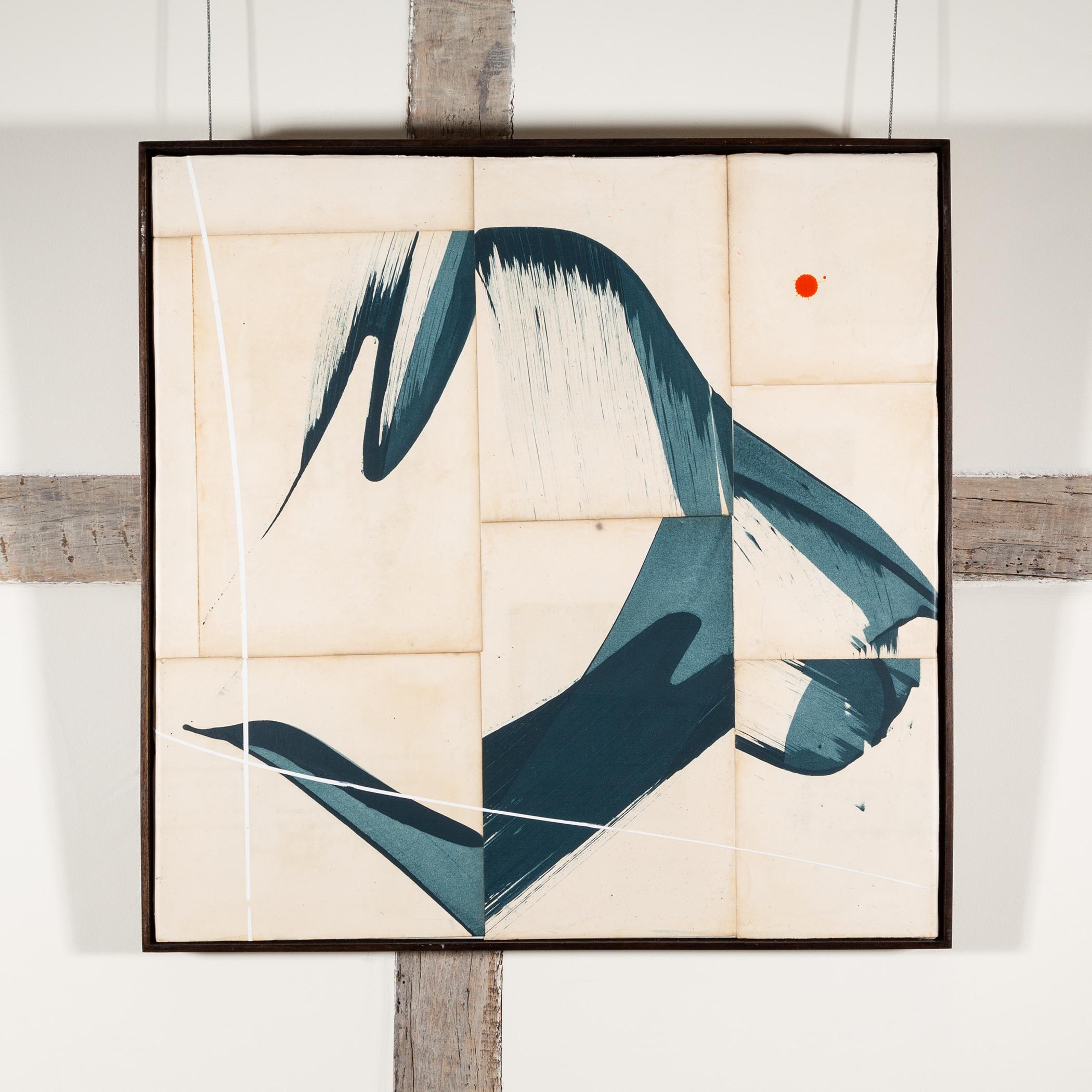 Jane Skingley b. 1963
Hokusai Indigo IV, 2025
mixed media on vintage book pages laid onto canvas
100 x 100 cm
39 3/8 x 39 3/8 in
signed, titled and dated on reverse

Jane Skingley paints seascapes and landscapes in oils. Her first exhibition was a