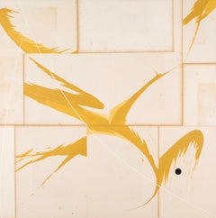 Hokusai Ochre III – Gelb + Weiß: Abstrakte Mischtechnik auf gefundenen Buchseiten