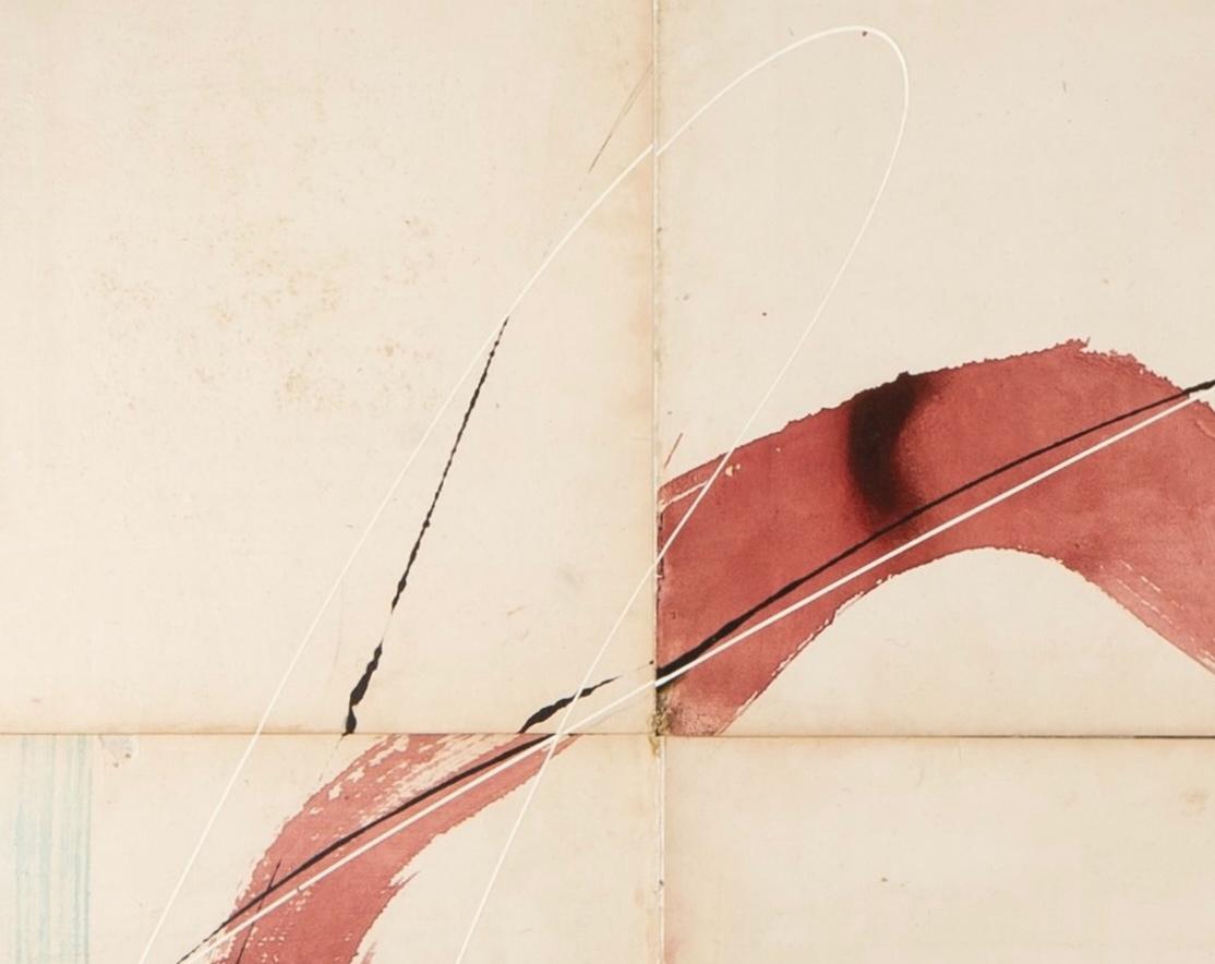 Momoiro I, 2024 - Olio astratto minimalista + inchiostro su pagine di libri d'epoca su tela - Painting Astratto di Jane Skingley