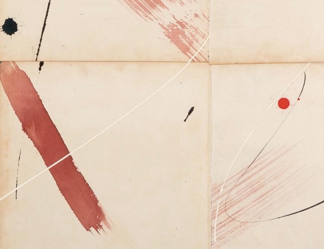 Momoiro I, 2024 - Olio astratto minimalista + inchiostro su pagine di libri d'epoca su tela - Abstract Painting Beige di Jane Skingley