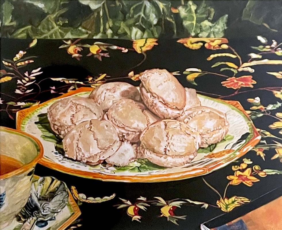 Jane Sutherland Still-Life Painting – Macaroons mit Tee und dem New Yorker