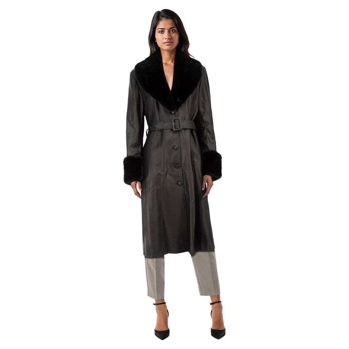 Jane & Tash Black Leather Faux Fur Belted Coat Size L For Sale