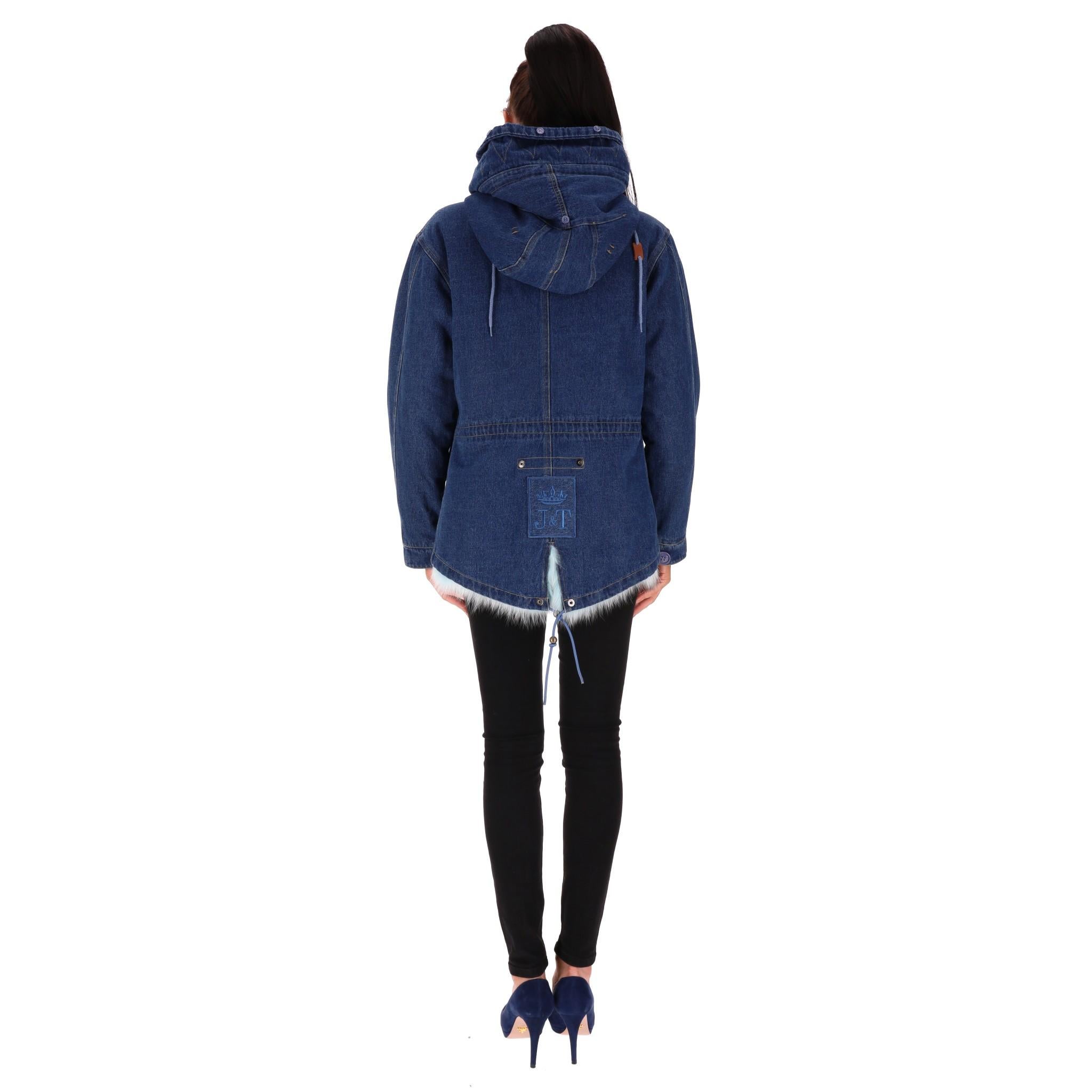 Jane & Tash Denim & Fox Fur Parka Coat In Excellent Condition In London, GB
