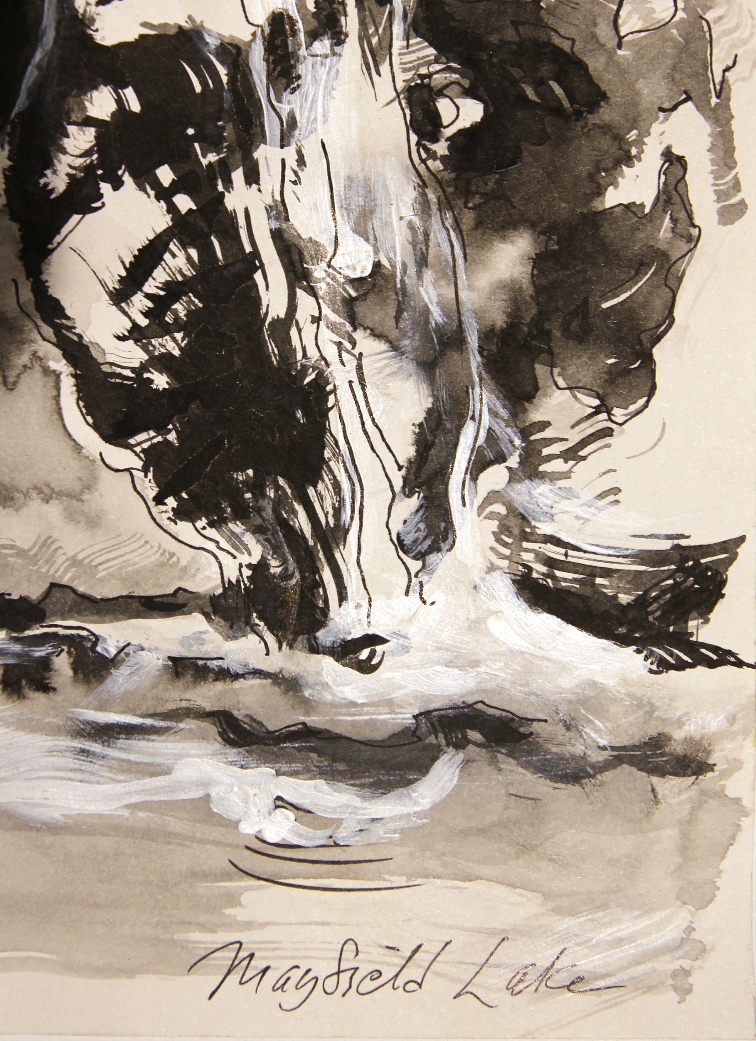 “Falls: Mayfield Lake” Black, White, & Gray Modern Abstract Waterfall Landscape - Beige Landscape Painting by Jane Tate