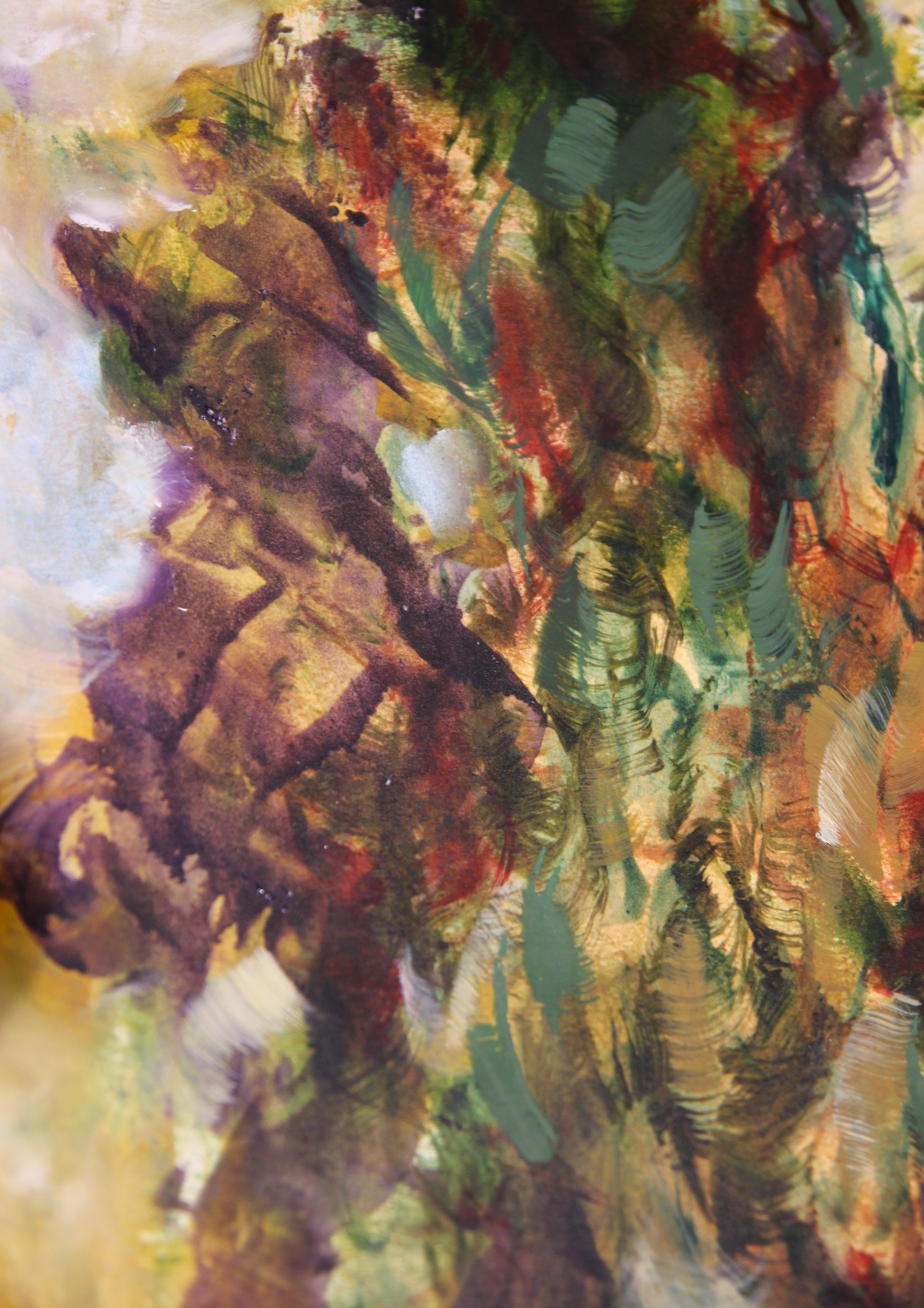 Peinture moderne abstraite de paysage à pinceau sauvage vert et violet représentant le soleil et les arbres  en vente 5
