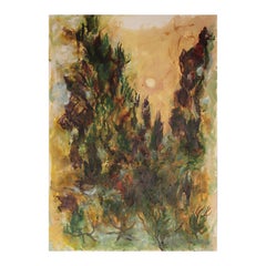 Paisaje abstracto moderno de pinceles verdes y morados con sol y árboles