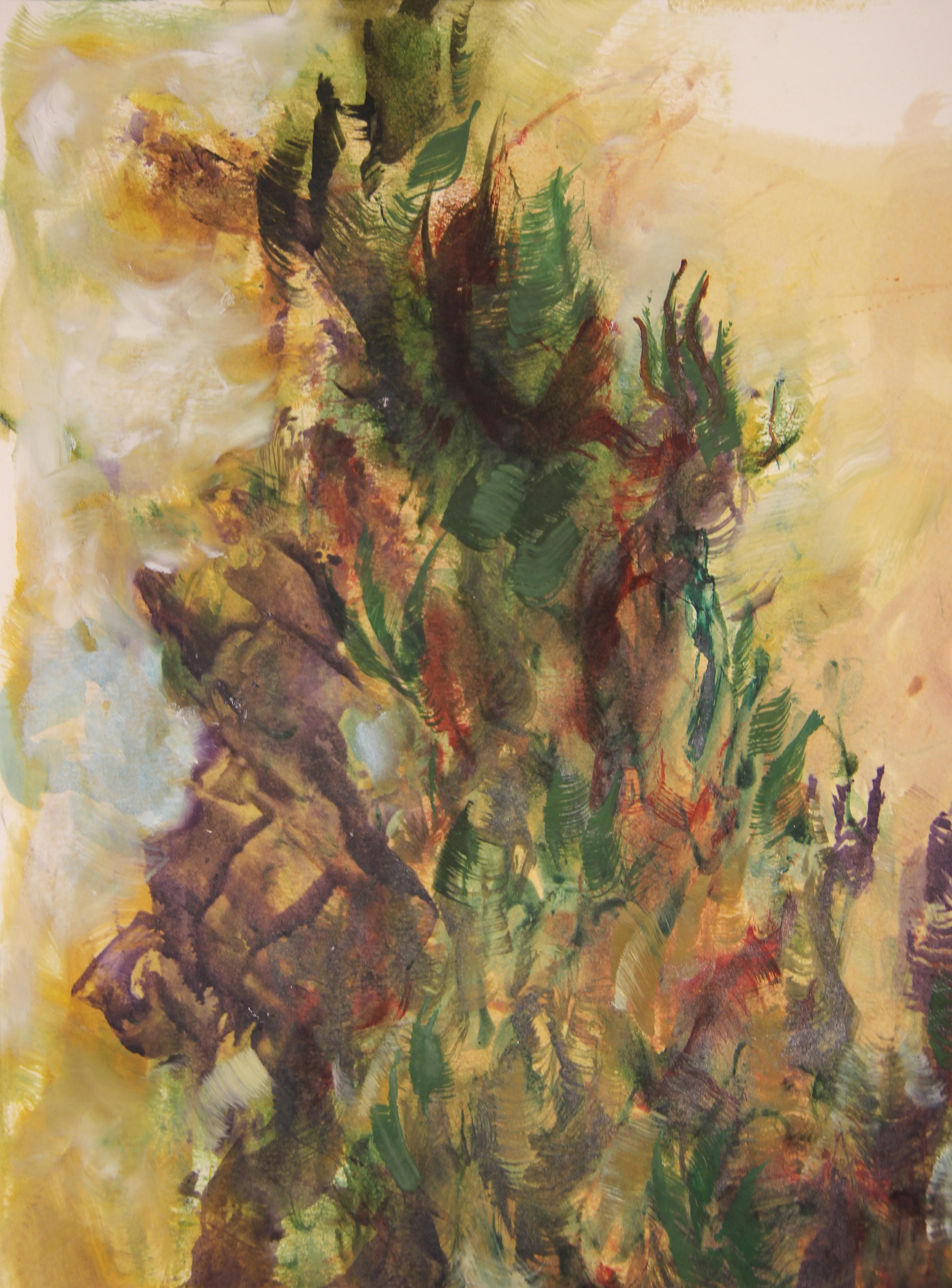 Peinture moderne abstraite de paysage à pinceau sauvage vert et violet représentant le soleil et les arbres  - Moderne Painting par Jane Tate