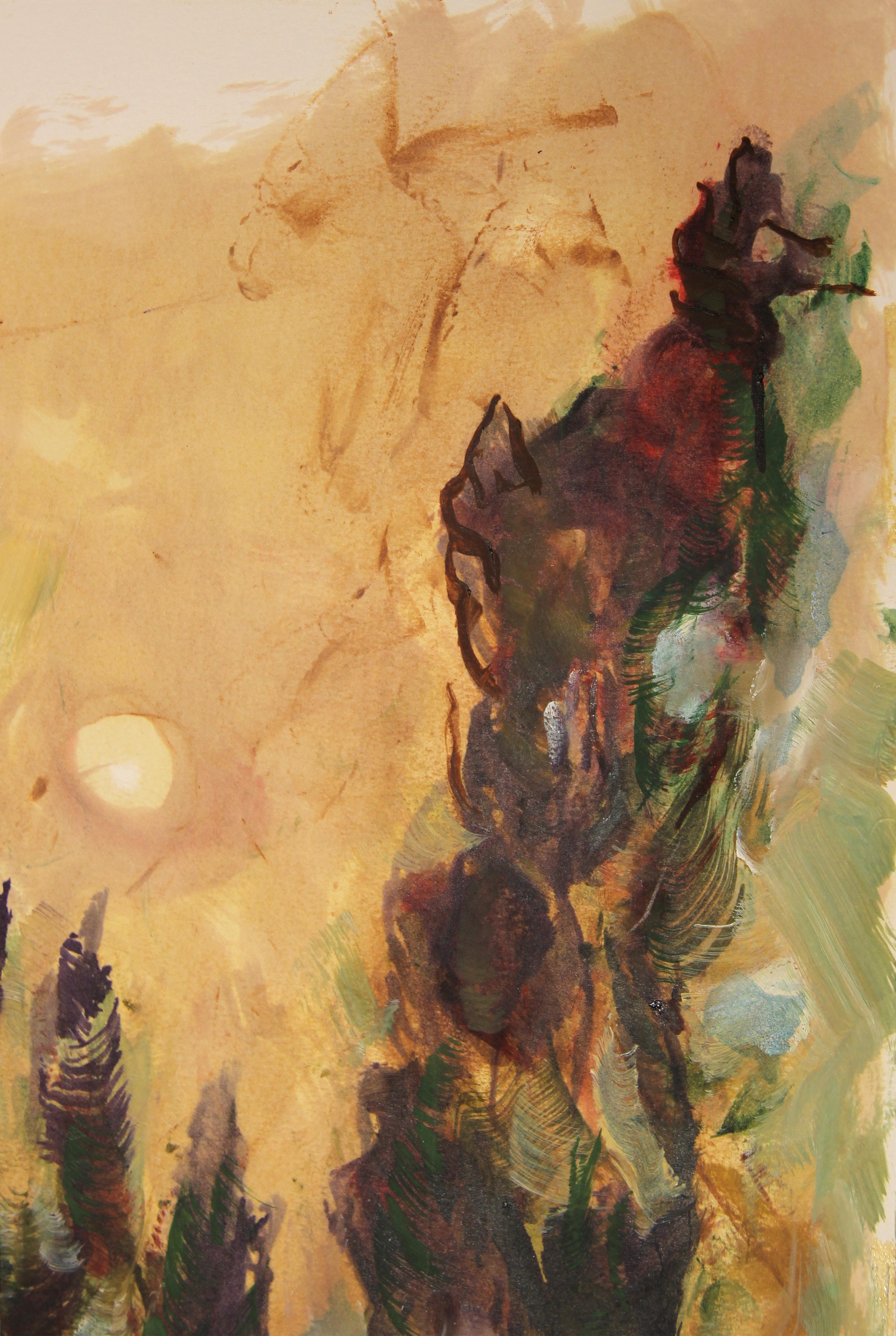 Modernes modernes abstraktes grünes und lilafarbenes Landschaftsgemälde der amerikanischen Künstlerin Jane Tate. Das Werk zeigt einen wilden Wald mit Bäumen und Pinseln, in der die Sonne wunderschön in der Mitte eingerahmt ist. Signiert in der