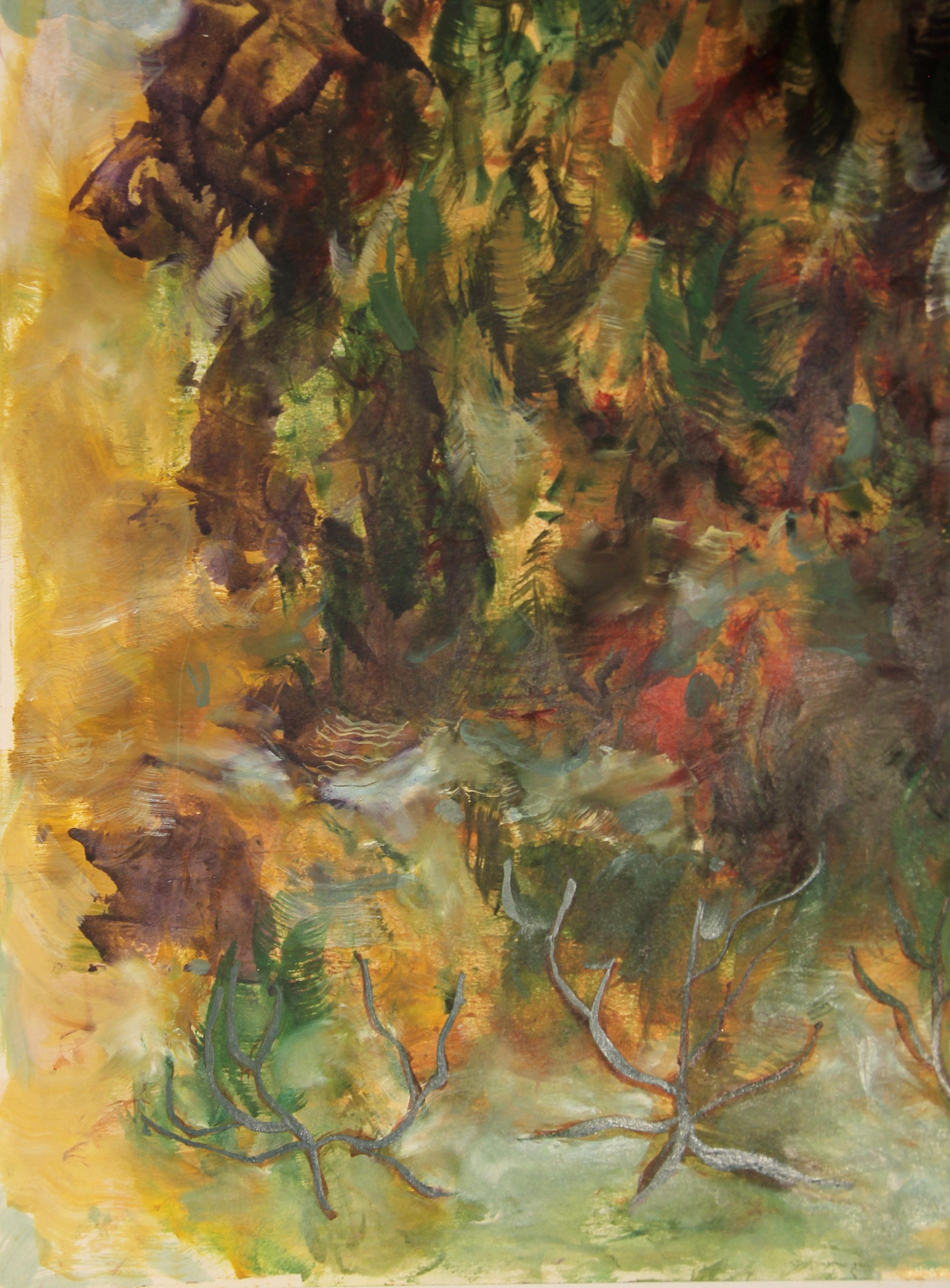 Peinture de paysage moderne abstraite aux tons vert et violet de l'artiste américaine Jane Tate. L'œuvre représente un arbore sauvage d'arbres et un pinceau avec le soleil encadré magnifiquement au centre. Signé à l'avant, dans le coin inférieur