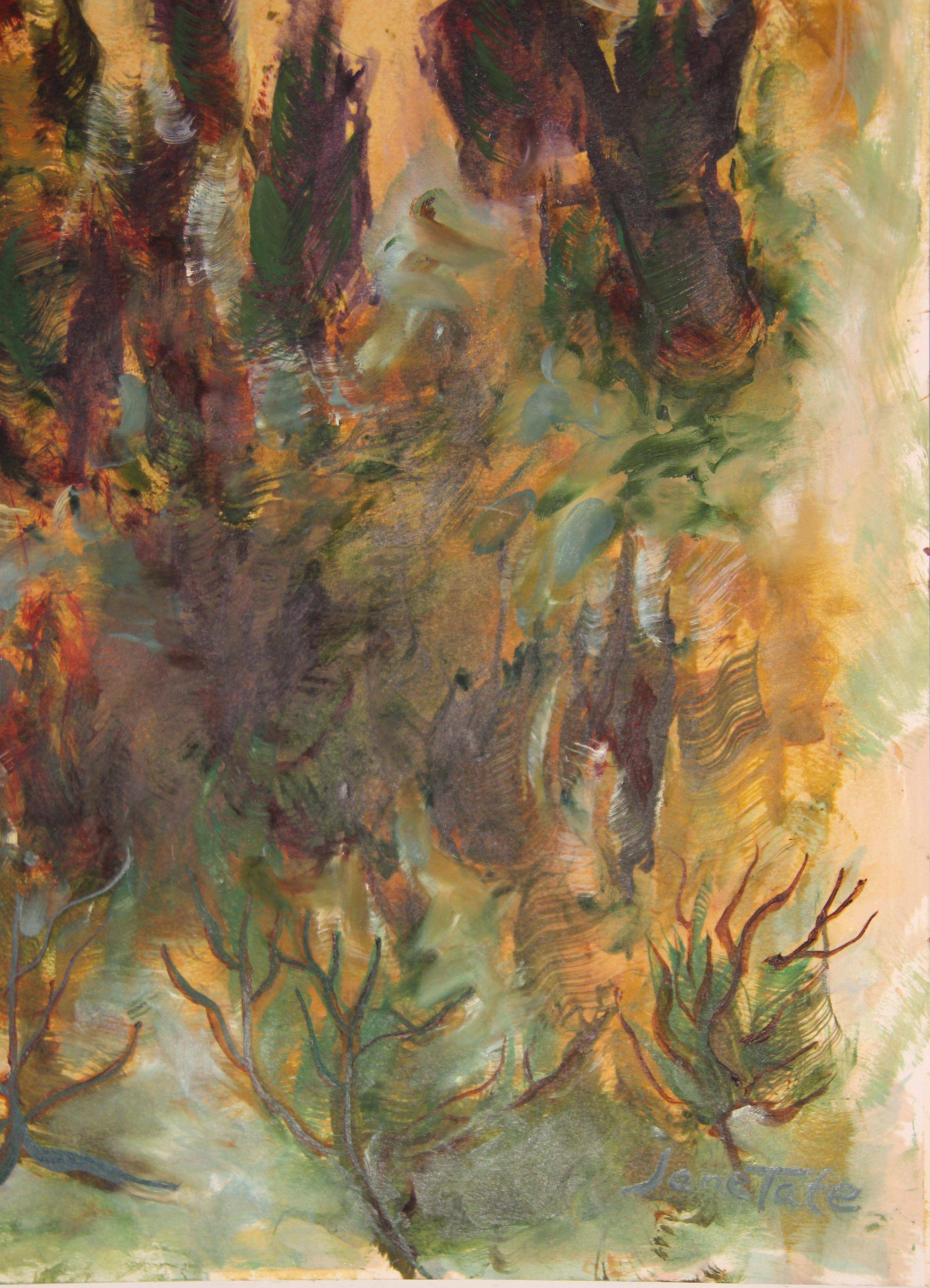 Peinture moderne abstraite de paysage à pinceau sauvage vert et violet représentant le soleil et les arbres  en vente 1