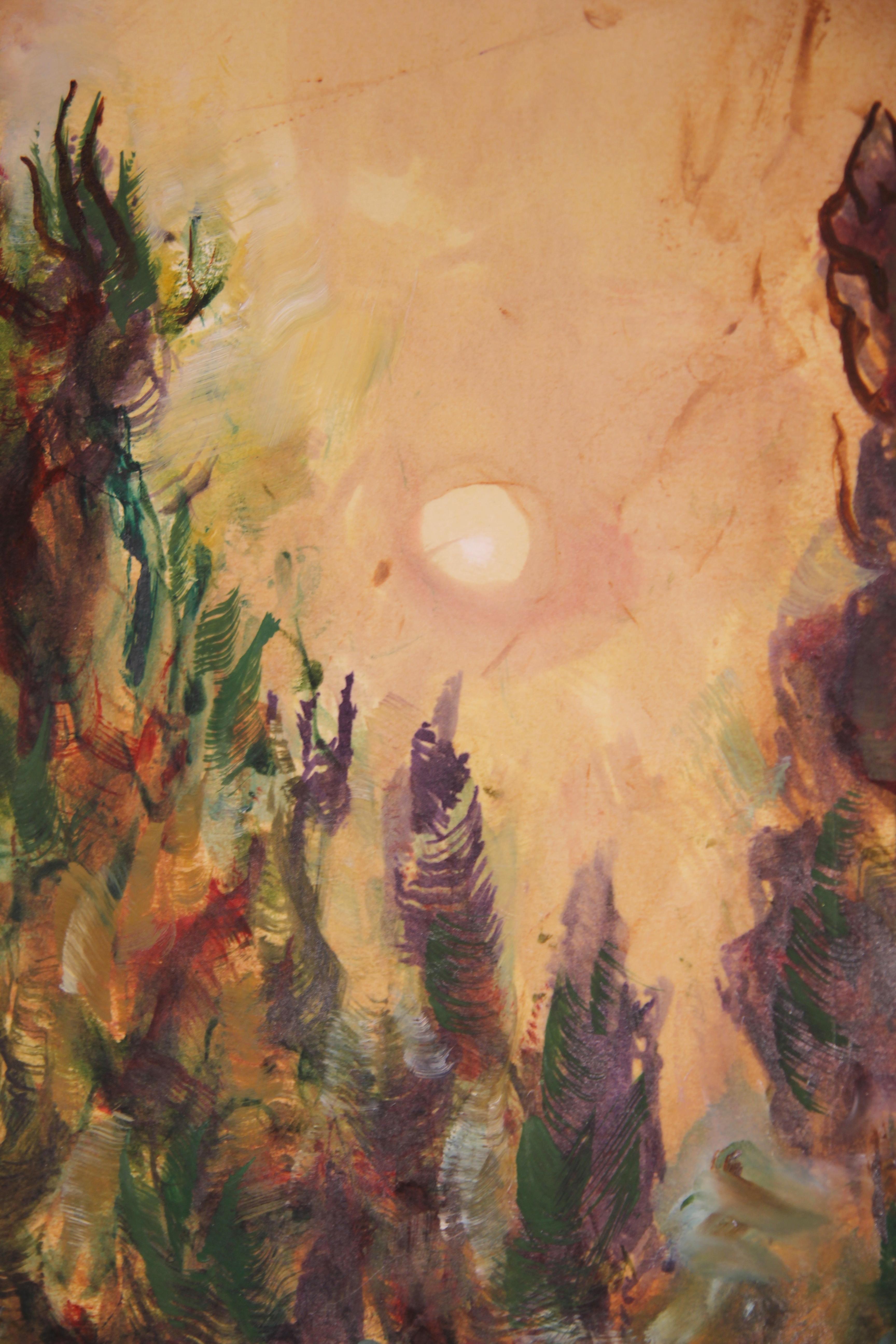 Peinture moderne abstraite de paysage à pinceau sauvage vert et violet représentant le soleil et les arbres  en vente 2