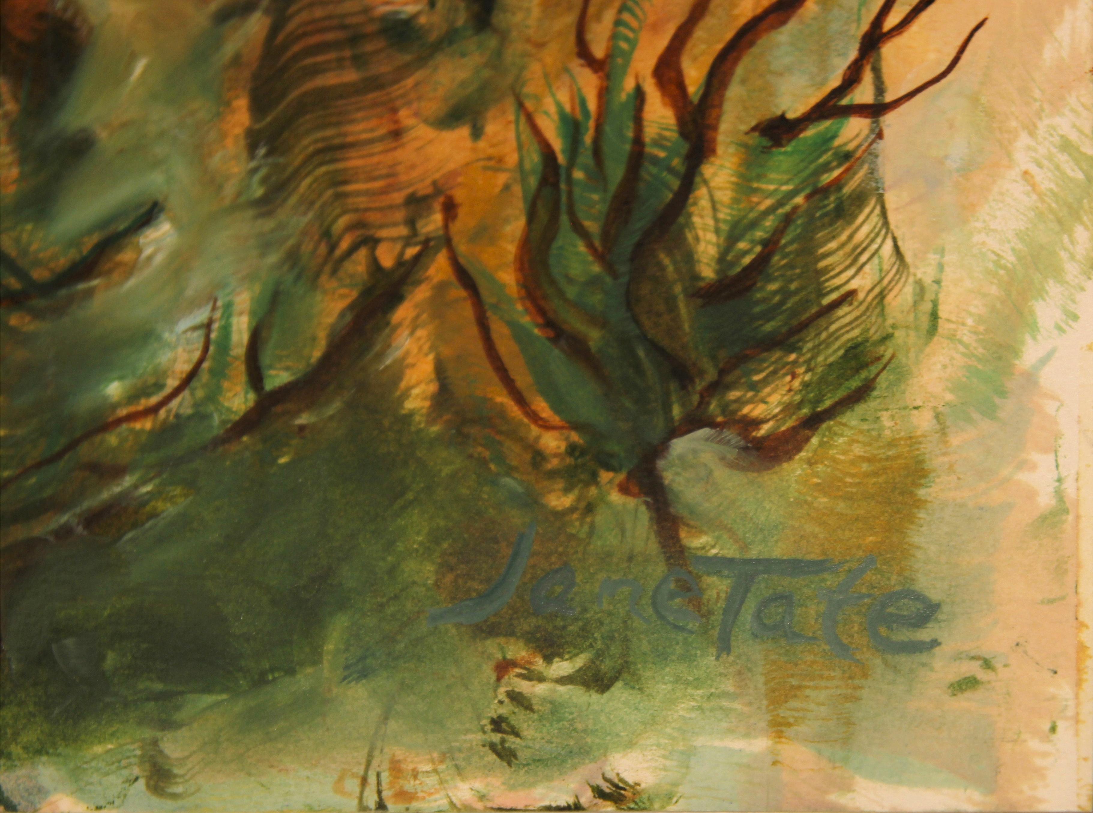 Peinture moderne abstraite de paysage à pinceau sauvage vert et violet représentant le soleil et les arbres  en vente 3