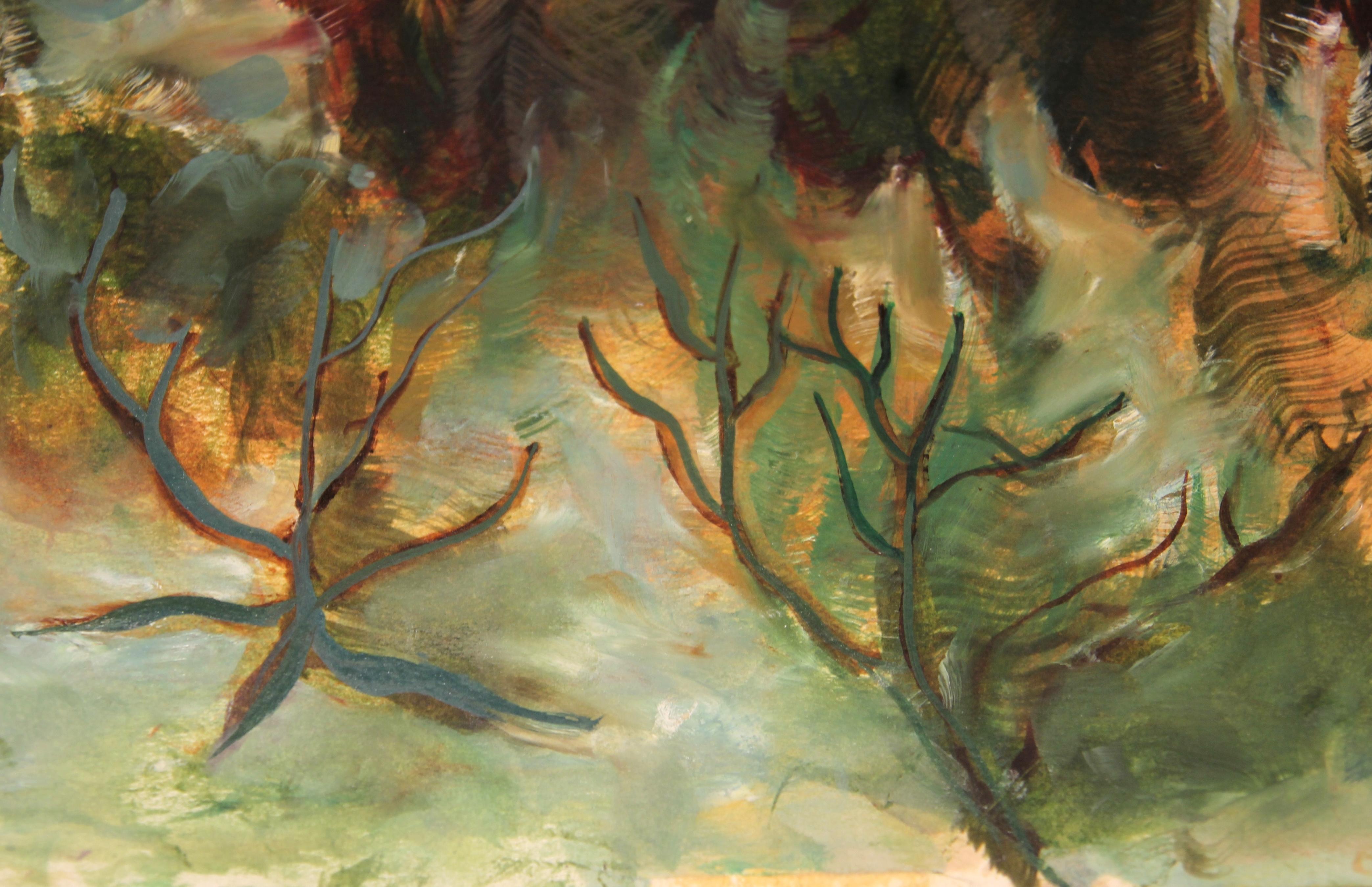 Peinture moderne abstraite de paysage à pinceau sauvage vert et violet représentant le soleil et les arbres  en vente 4