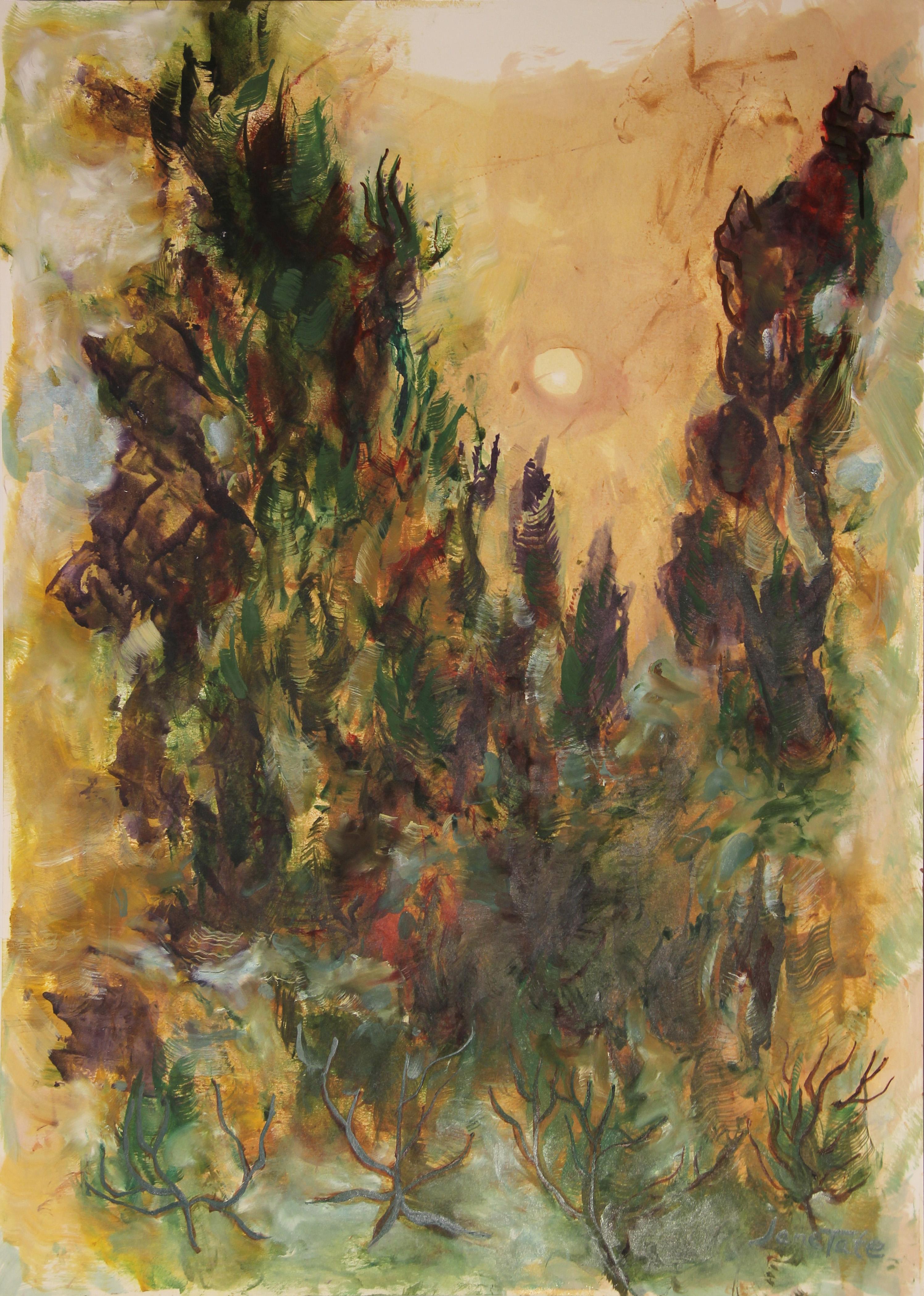 Abstract Painting Jane Tate - Peinture moderne abstraite de paysage à pinceau sauvage vert et violet représentant le soleil et les arbres 