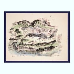 "Bailarinas cercanas y lejanas" Paisaje fluvial abstracto moderno en tonos azules y verdes