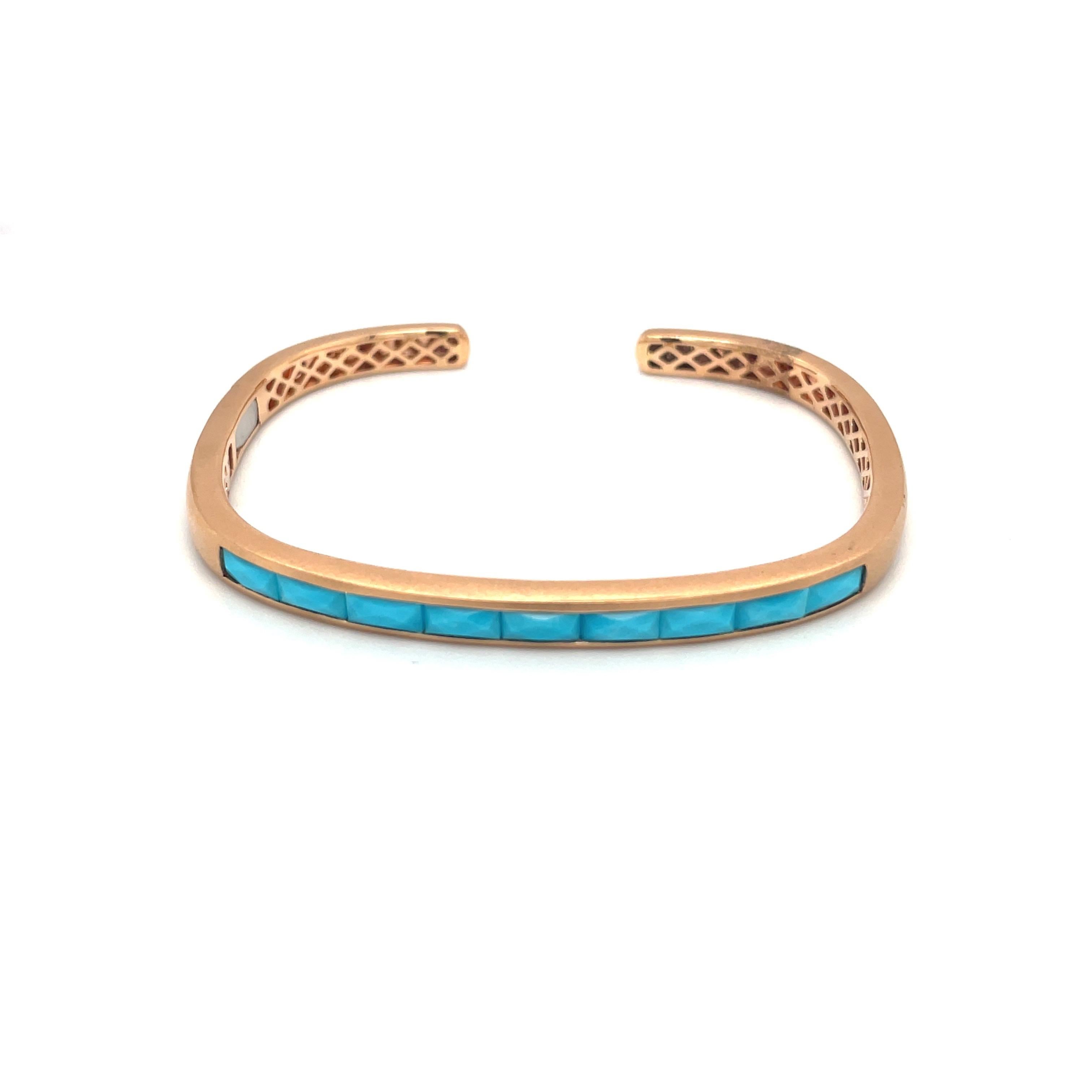 Jane Taylor Jewelry is a family run company focused on creating modern heirlooms since 1994.
This 18 karat rose gold cuff bracelet has a squarish shape and a matte finish. It is set across the top with 3.04 carats of French cut turquoise stones.The