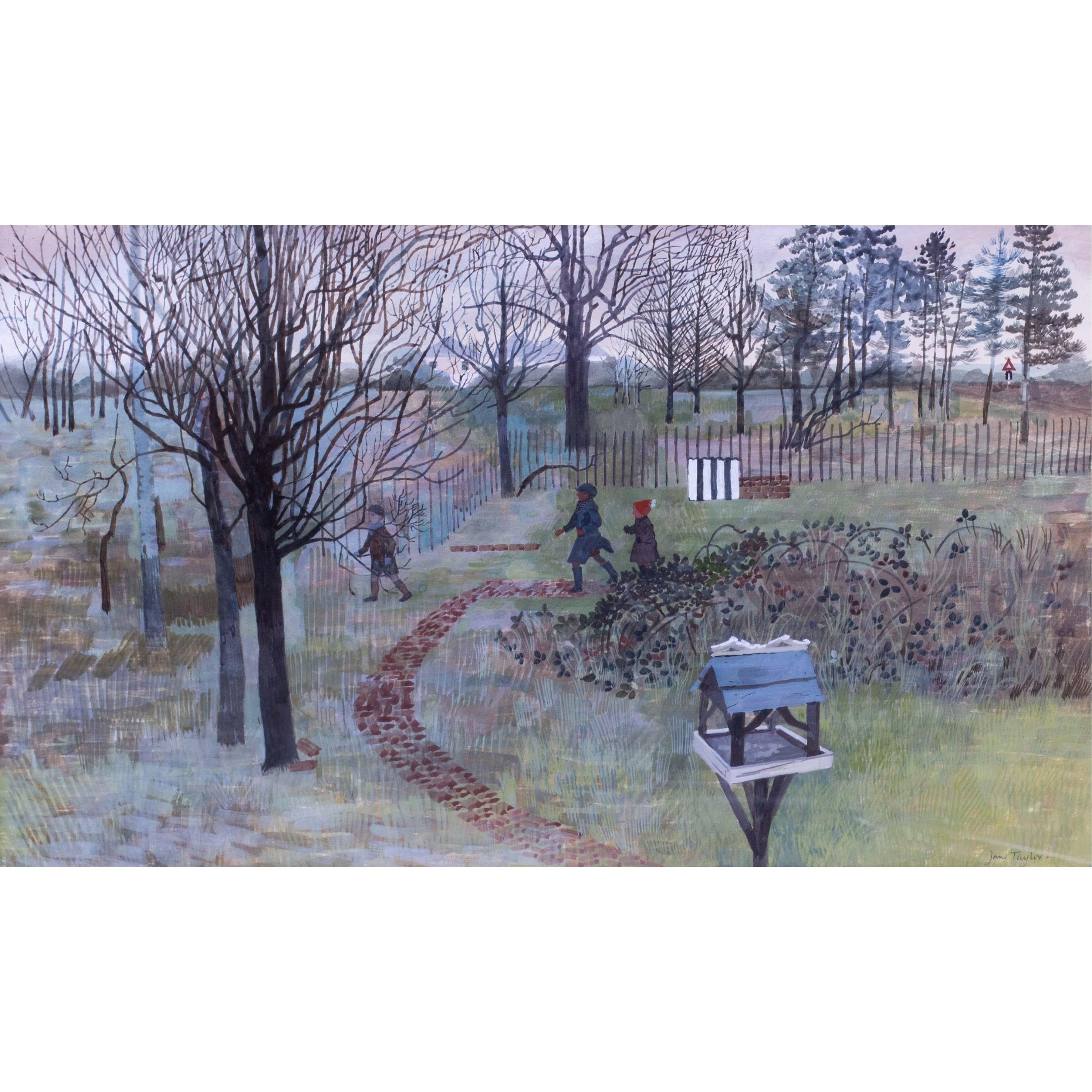 Quadro britannico di metà secolo raffigurante bambini che giocano in un parco giochi invernale - Painting di Jane Taylor