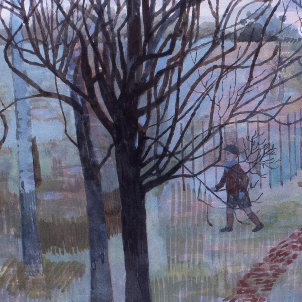 Quadro britannico di metà secolo raffigurante bambini che giocano in un parco giochi invernale - Painting Moderno di Jane Taylor