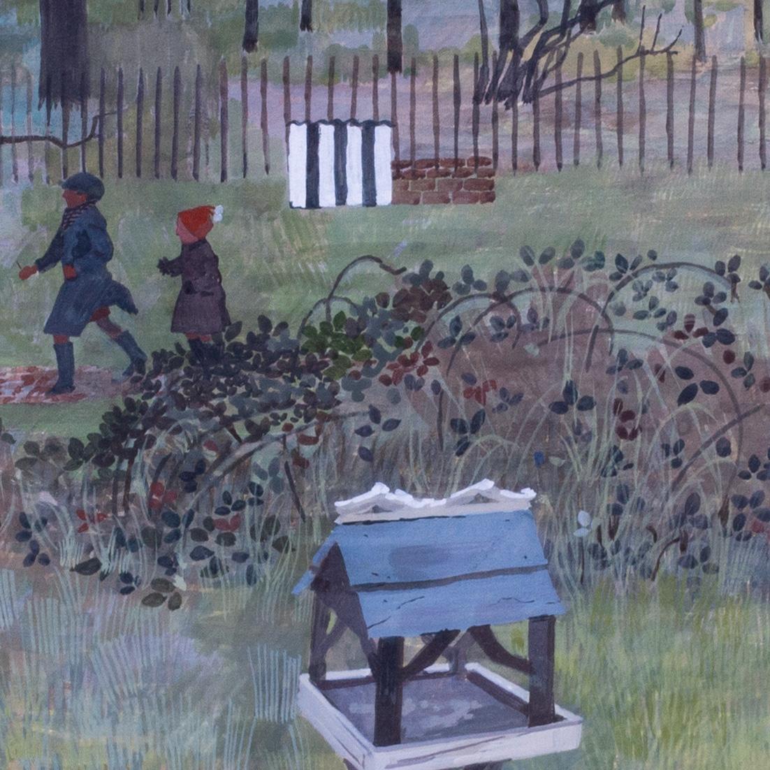 Quadro britannico di metà secolo raffigurante bambini che giocano in un parco giochi invernale - Figurative Painting Grigio di Jane Taylor