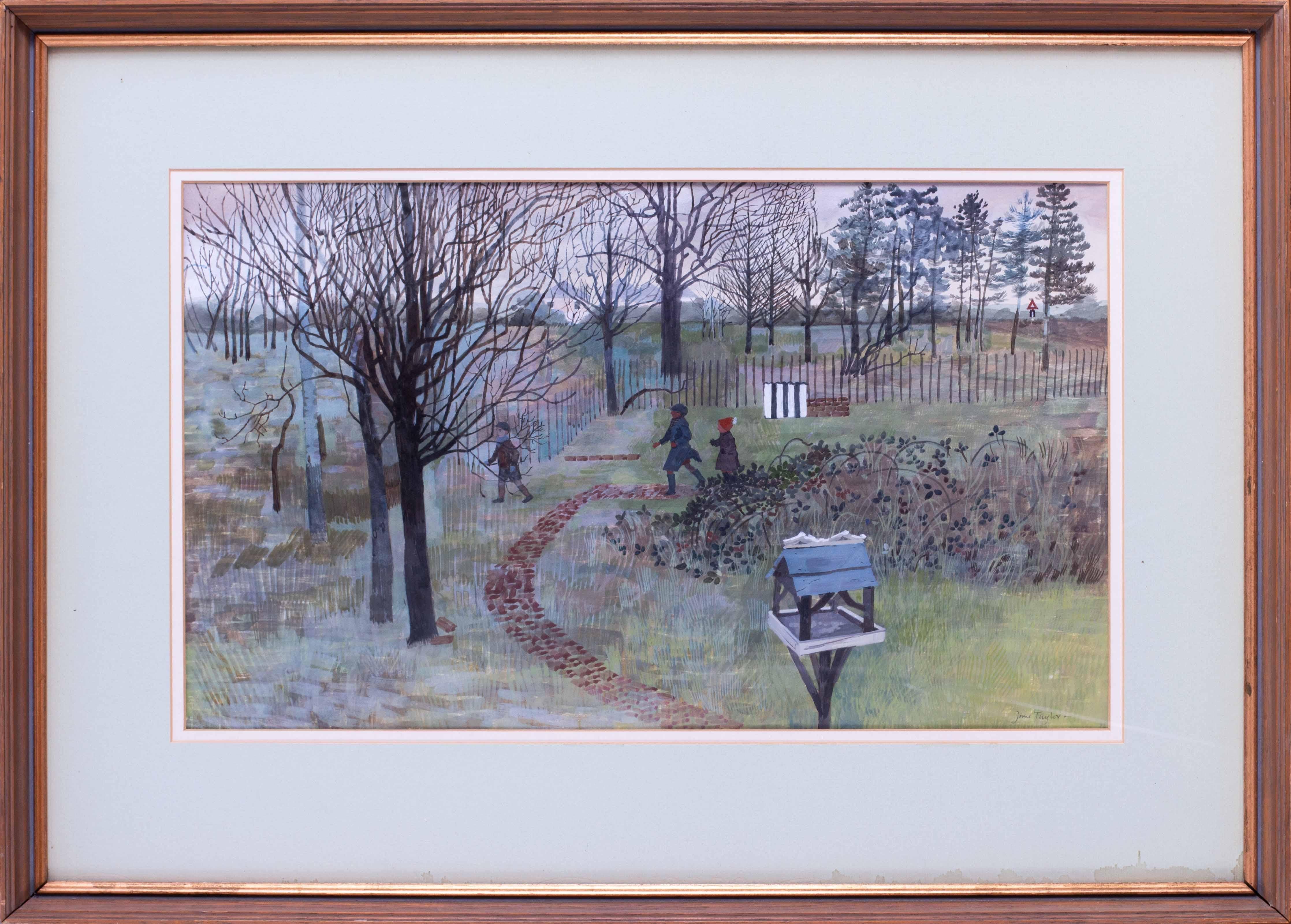Figurative Painting di Jane Taylor - Quadro britannico di metà secolo raffigurante bambini che giocano in un parco giochi invernale