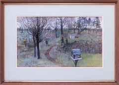 British mid century painting of children playing in a winter playground