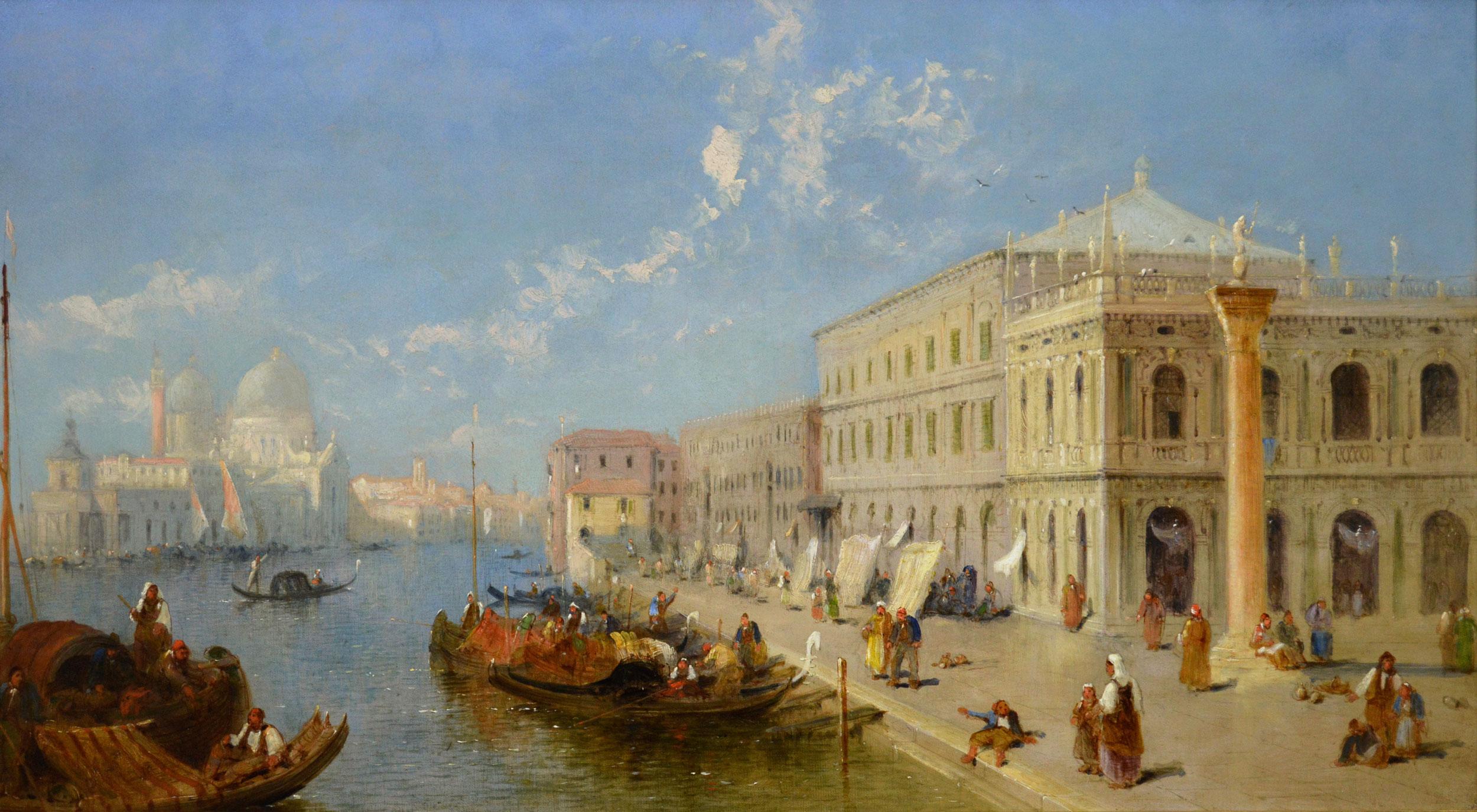 19th century oil painting of the Dogana & Santa Maria della Salute, Venice - Painting by Jane Vivian