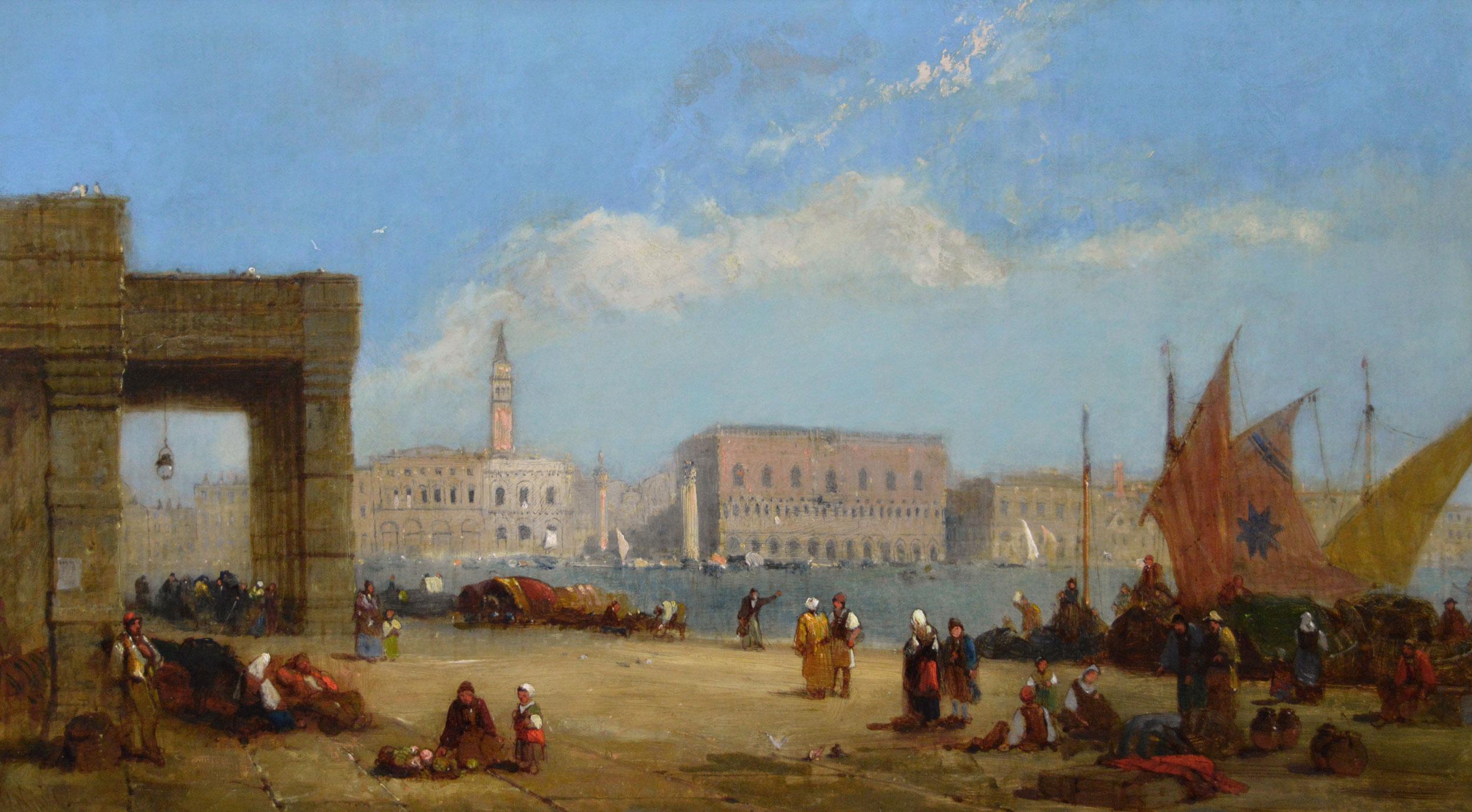 19th century oil painting of the Doge’s Palace from the Dogana, Venice  - Painting by Jane Vivian