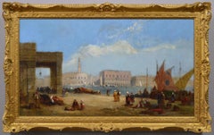 Antique 19th century oil painting of the Doge’s Palace from the Dogana, Venice 