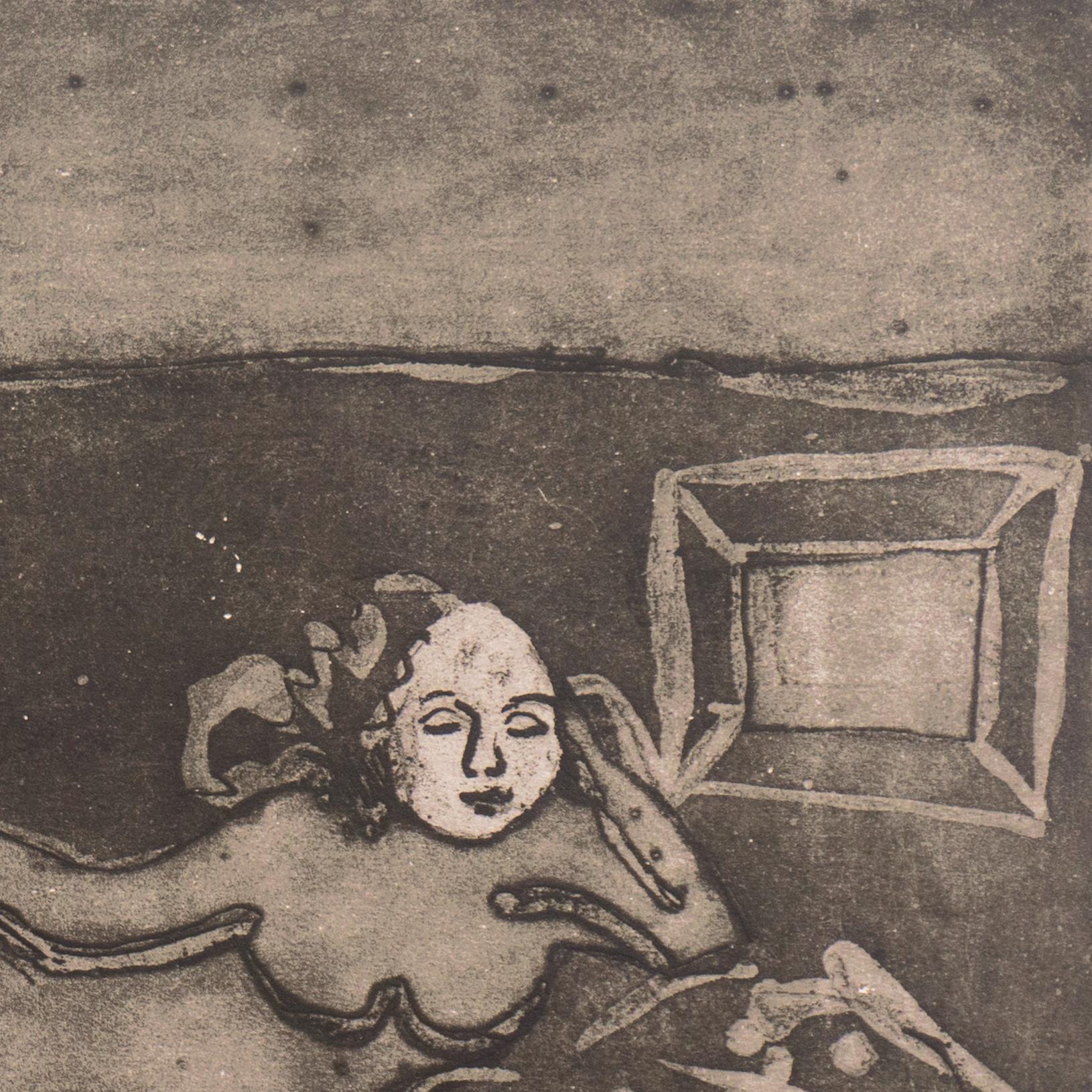 Estampado en el reverso con un certificado de autenticidad de Jane Voitle Mellin (estadounidense, nacida en 1952). y creada hacia 1975.

Un aguatinta atmosférico y azucarado que muestra a una mujer joven, desnuda y recostada, que aparece suspendida