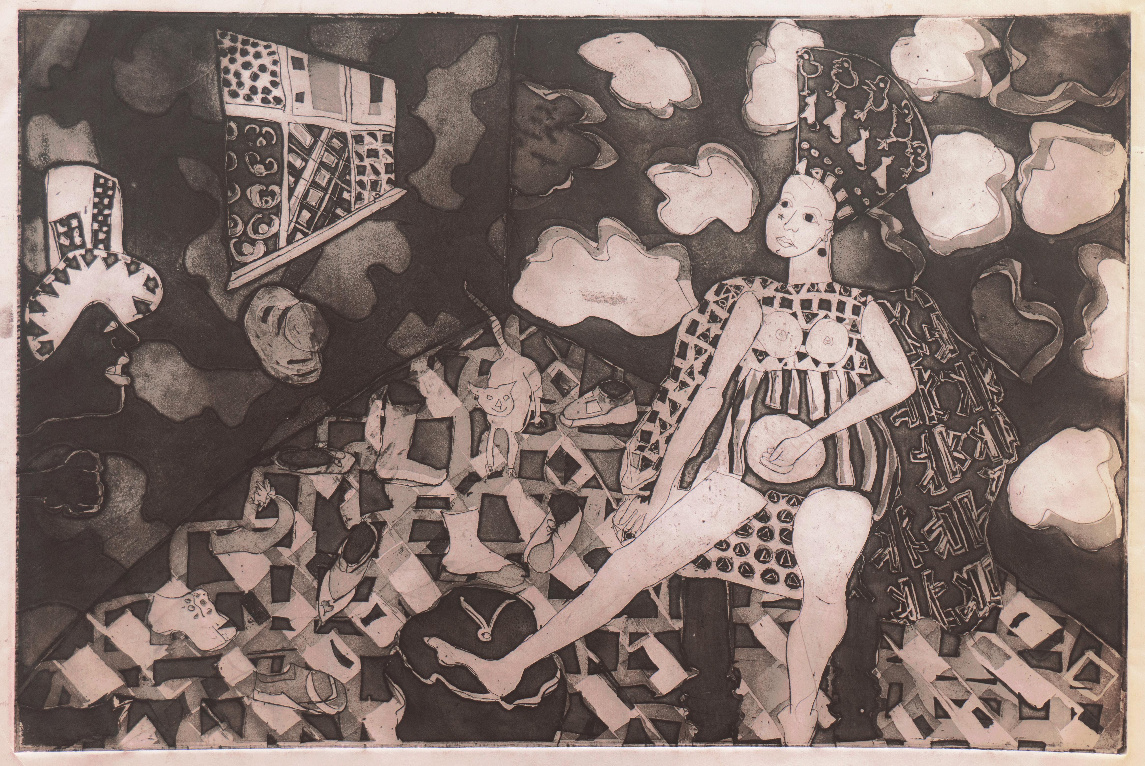 'Evening Encounter', San Francisco Bay Area Modernist, Atelier 63, Artiste femme - Print de Jane Voitle Mellin
