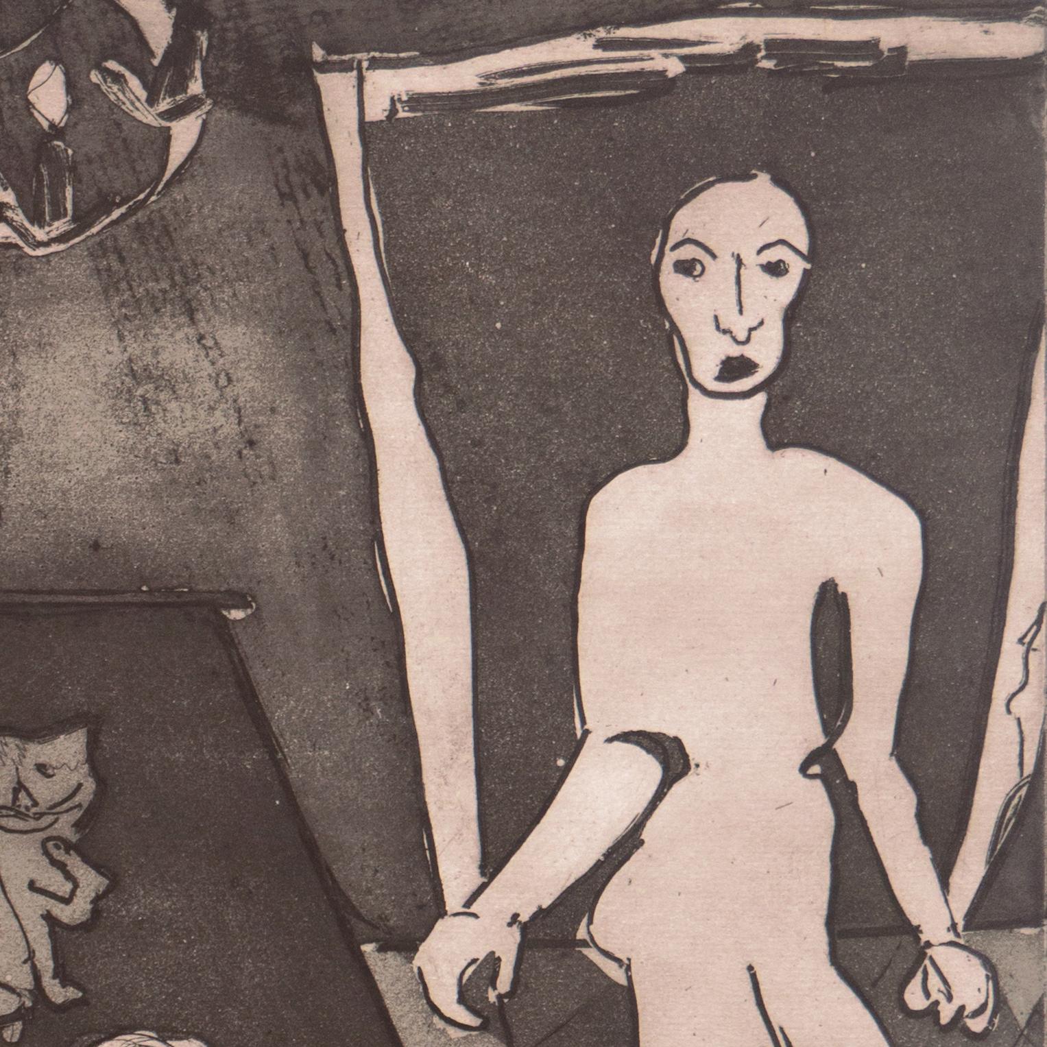'Boudoir surreale', artista modernista della Baia di San Francisco, Atelier A 63 - Nude Print Grigio di Jane Voitle Mellin