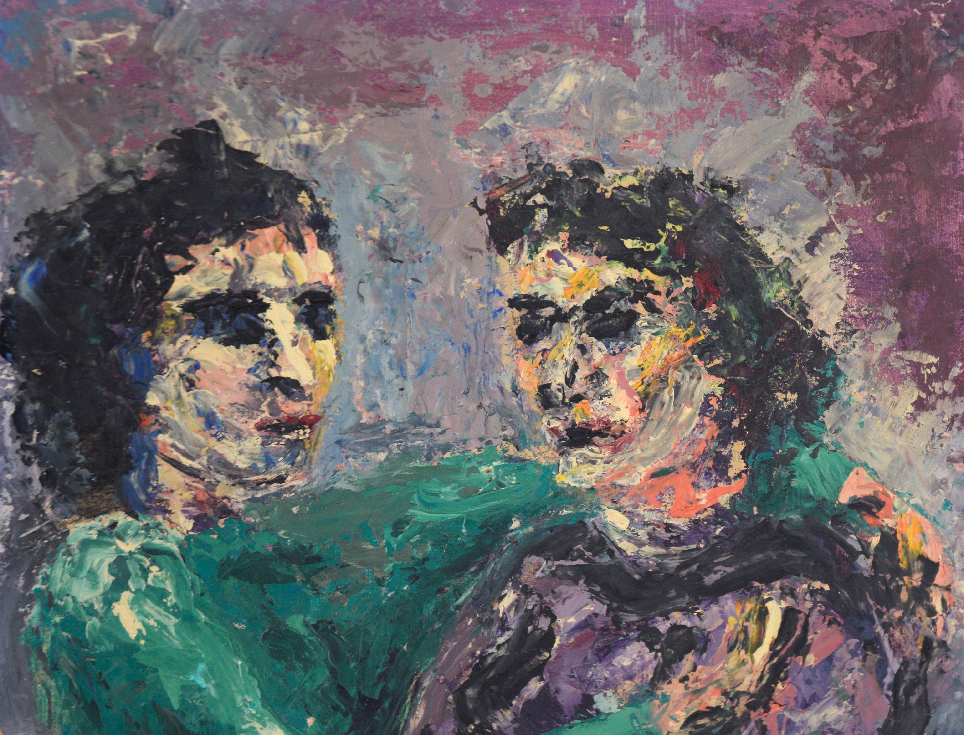 Portrait expressionniste « Mère et fille » à l'huile sur carton - Painting de Jane W. Grace