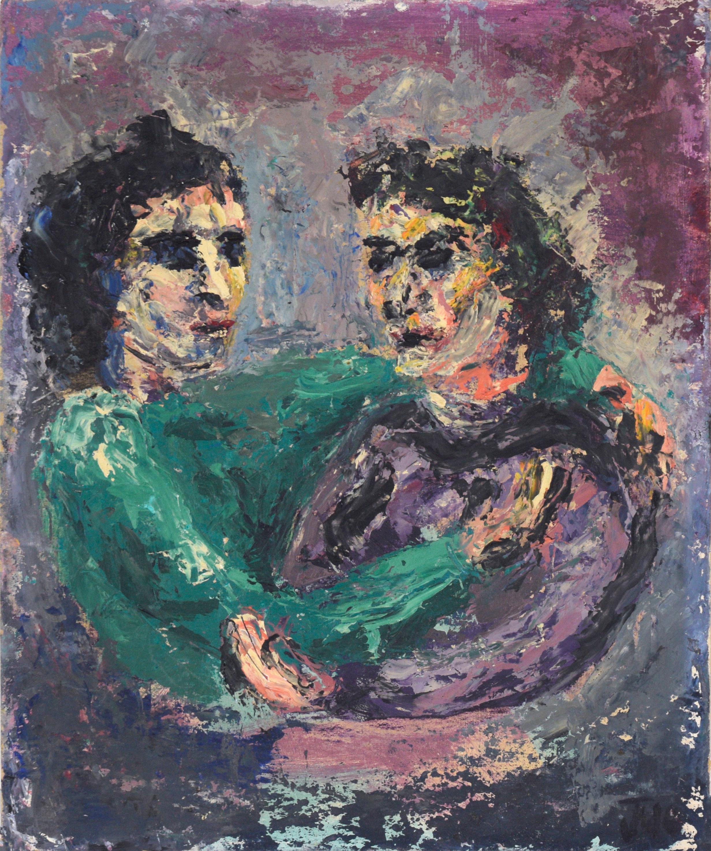 Jane W. Grace Figurative Painting - "Mother and Daughter" Expressionist Portrait in Oil on Cardstock