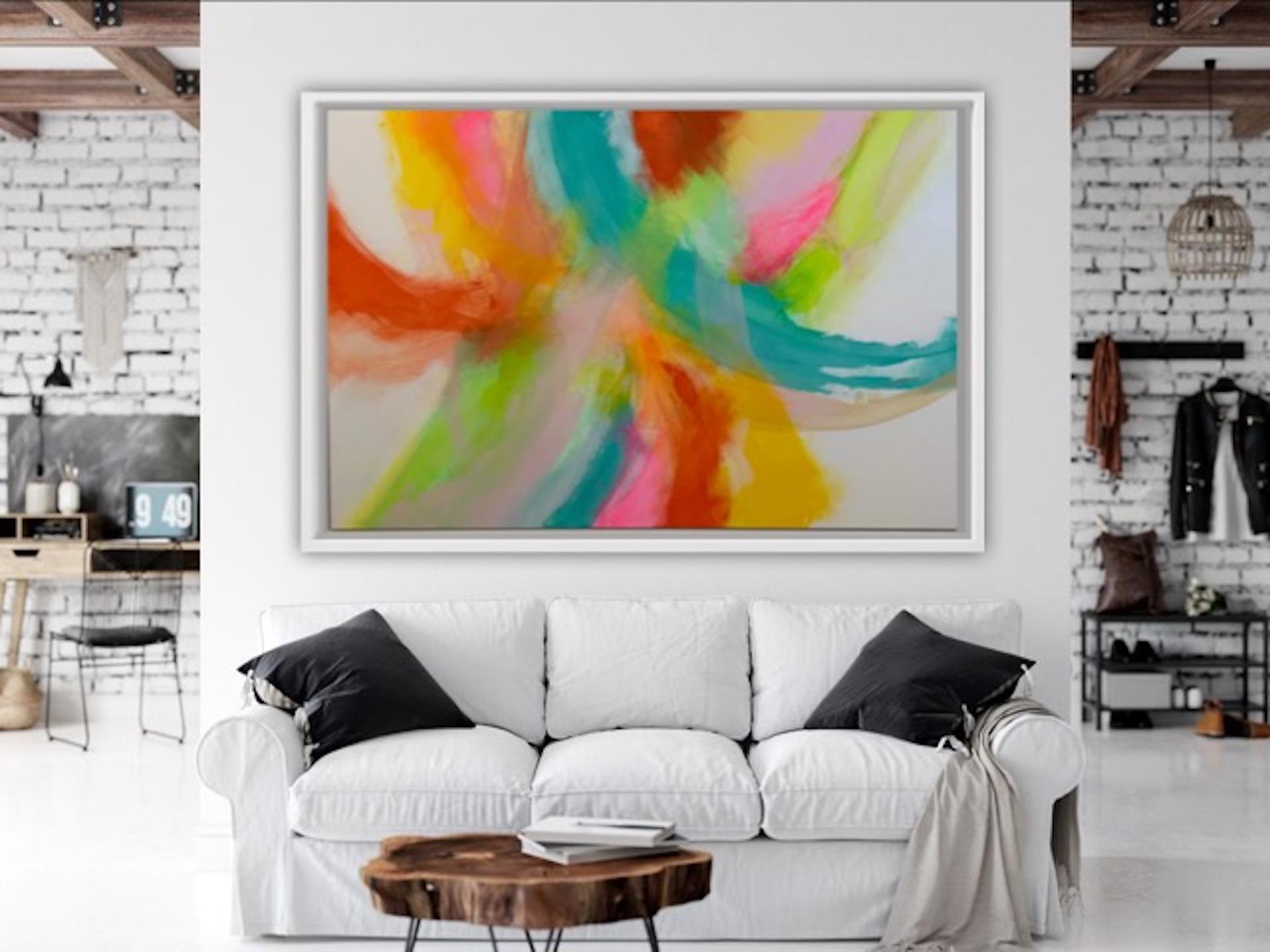 Jane Wachman
Indian Dance
Original Contemporary Painting
Oil Paint on Canvas
Size: H 106cm x W 156cm x D 5.5cm
Sold Framed in a White Float Frame
Free Shipping

Indian Dance is an original painting by Jane Wachman. The bright colours and Jane’s free