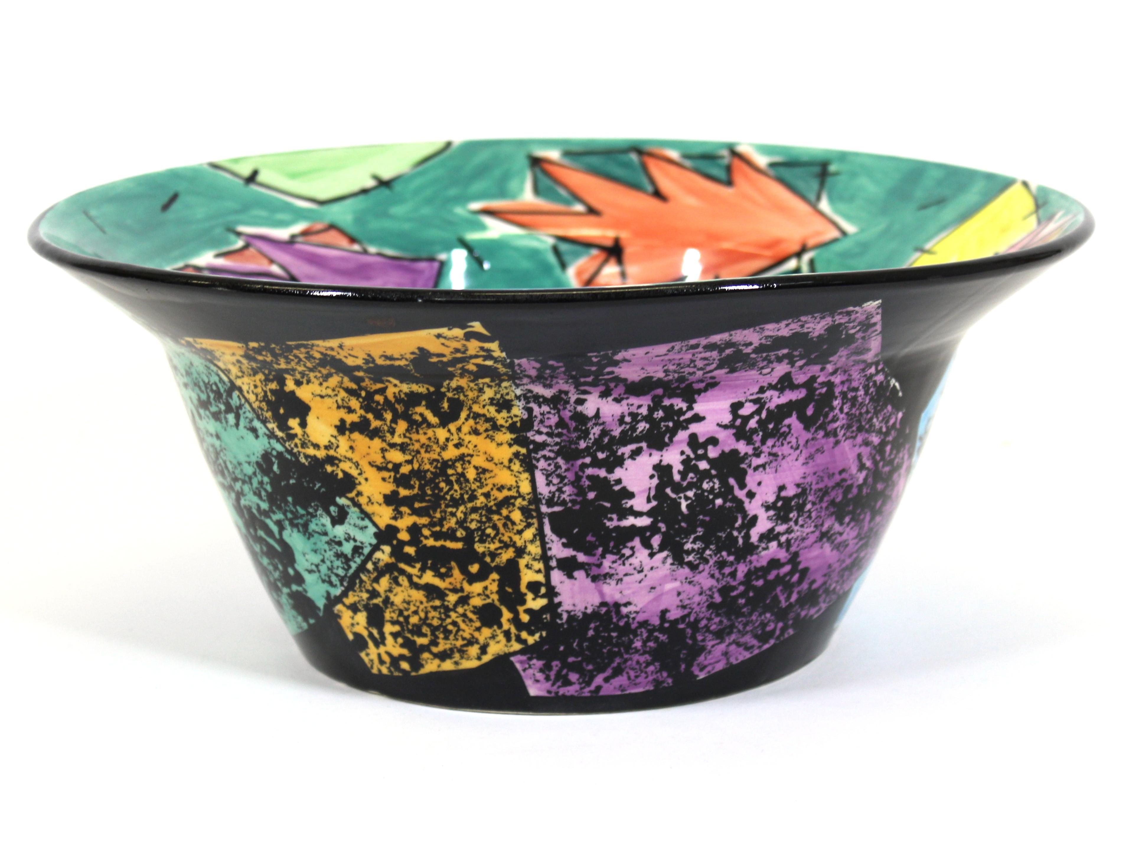 Jane Willingale English Postmodern 'Loud Ware' hand painted pottery bowl, signed and dated 1985 on the bottom.