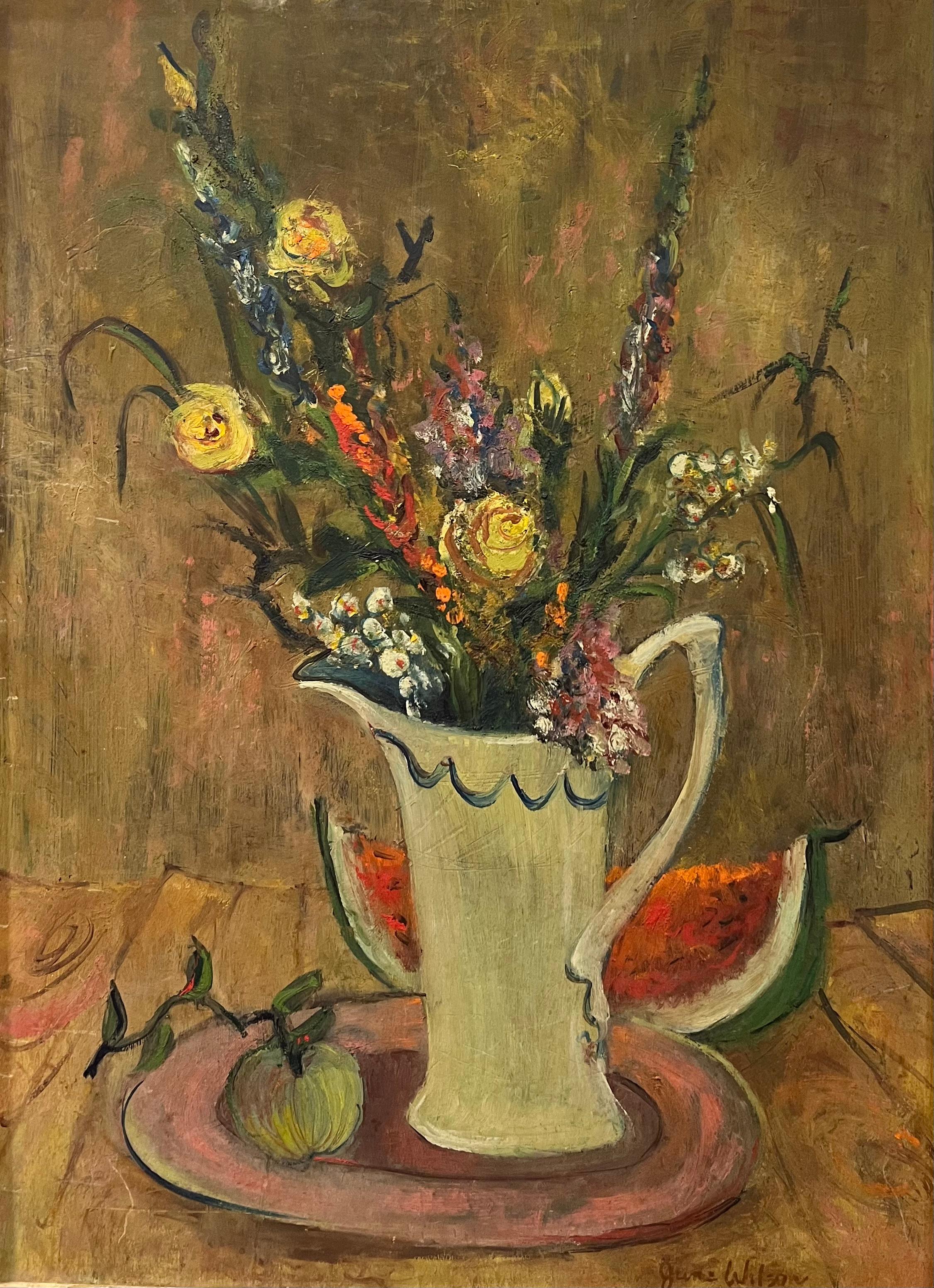 FAUVIST Still Life Flowers Fruits FEMALE American Modernist Post Impressionist - Painting by Jane Wilson